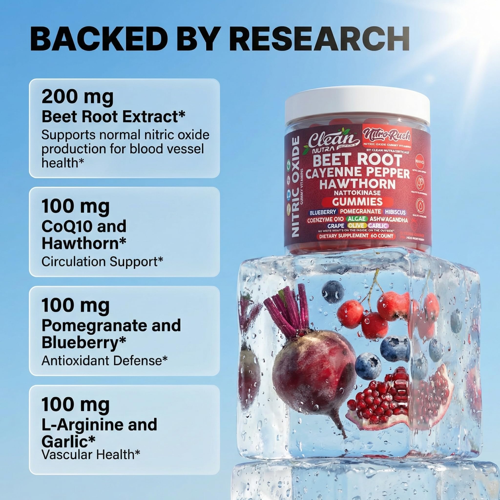 Nitro Rush Nitric Oxide Gummies Beet Root Cayenne Pepper Pomegranate Vitamin C Hawthorn Nattokinase Blueberry Hibiscus Coenzyme Q10 Algae Ashwagandha Root Grape Olive Garlic 60 Count by Clean Nutra — Amazon image 3