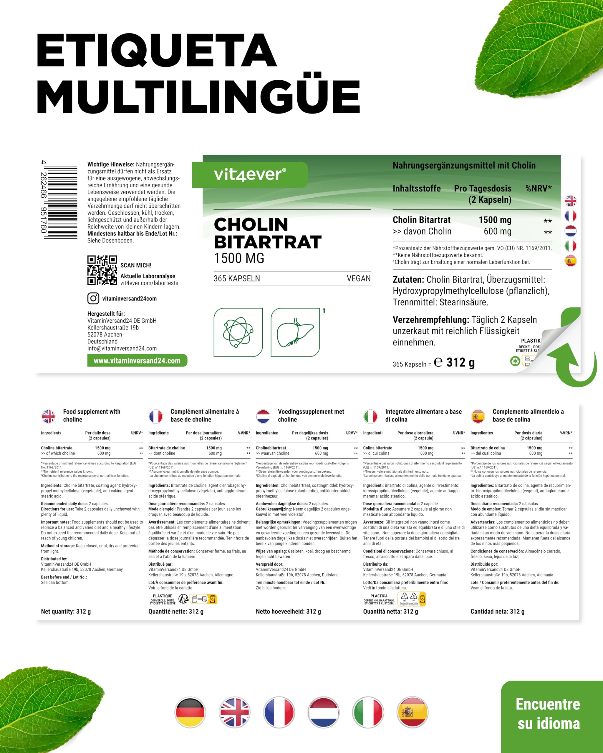 Cápsulas de colina – 365 cápsulas con 1500 mg de bitartrato de colina por dosis diaria – más de 6 meses de suministro – hígado, homocisteína y metabolismo de las grasas – natural, alta dosis, vegano