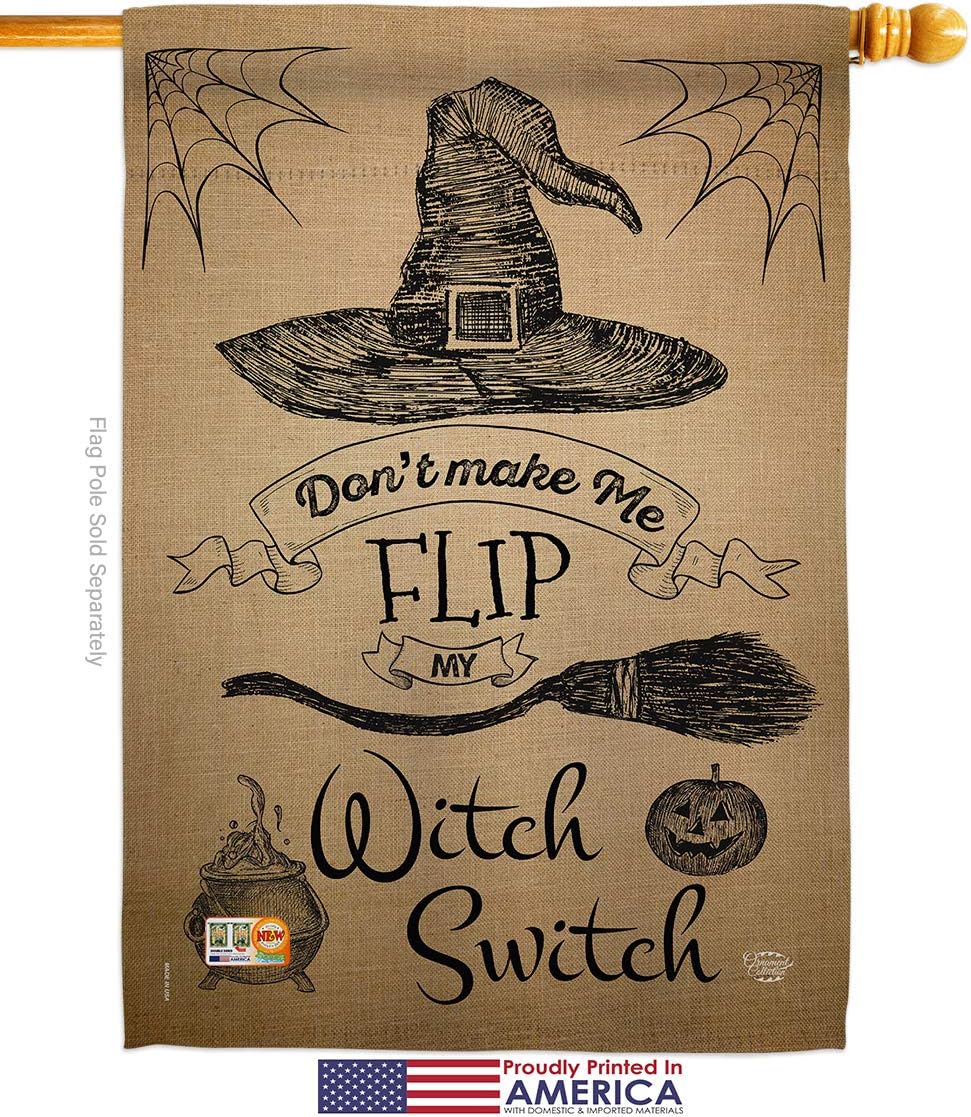 Flip my Witch Switch House Flag Falltime Halloween Trick or Treat Spooky Night Black Cat Season Autumntime Pumpkin Small Decorative Gift Yard Banner Made In USA 28 X 40