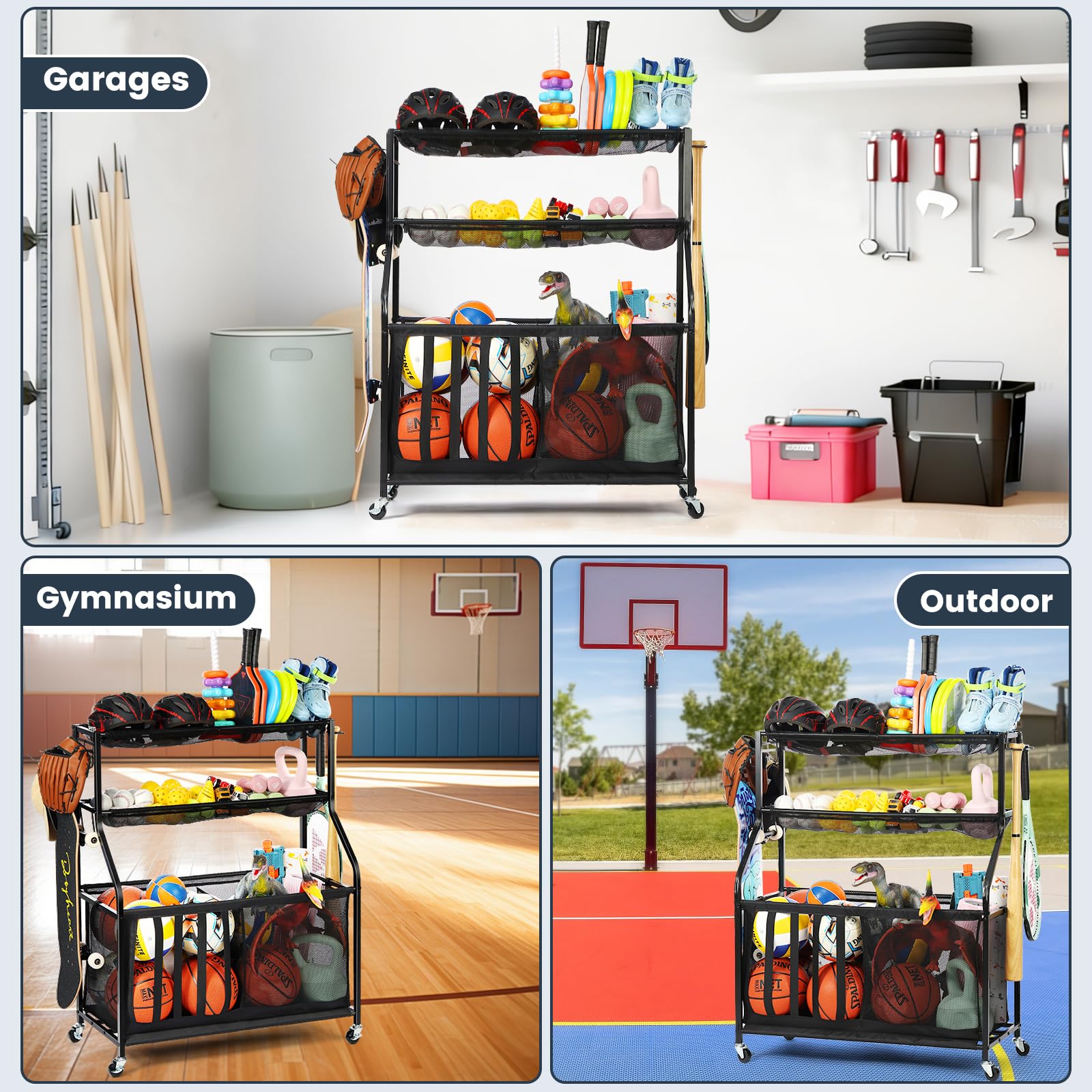 Condition photo showing New/Like New for Garage Sports Equipment Organizer with 37 Gal Ball Storage Bin, Sports Rack with Hooks & Elastic Straps for Basketball, Soccer, Tennis, Stick, Racket, Nerf Gun and Toy Organizer, Indoor/Outdoor Use