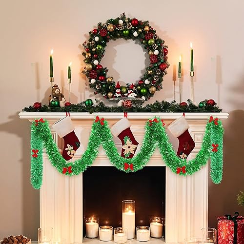 Miniatura 7 de Guirnalda de Navidad de oropel con 38 lazos rojos, guirnalda metálica de Navidad para exteriores, guirnalda colgante de Navidad, decoraciones de