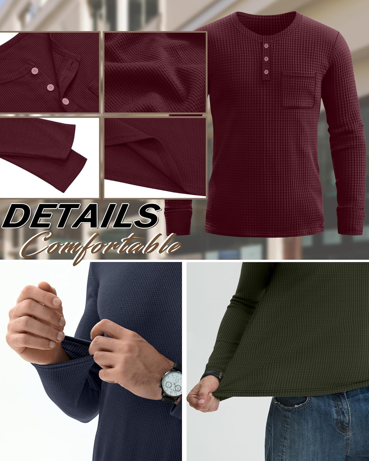 3 Pack Men's Waffle Henley Long Sleeve Thermal Shirts, Lightweight Casual Undershirts Pullover Tops with Pockets - Image 3