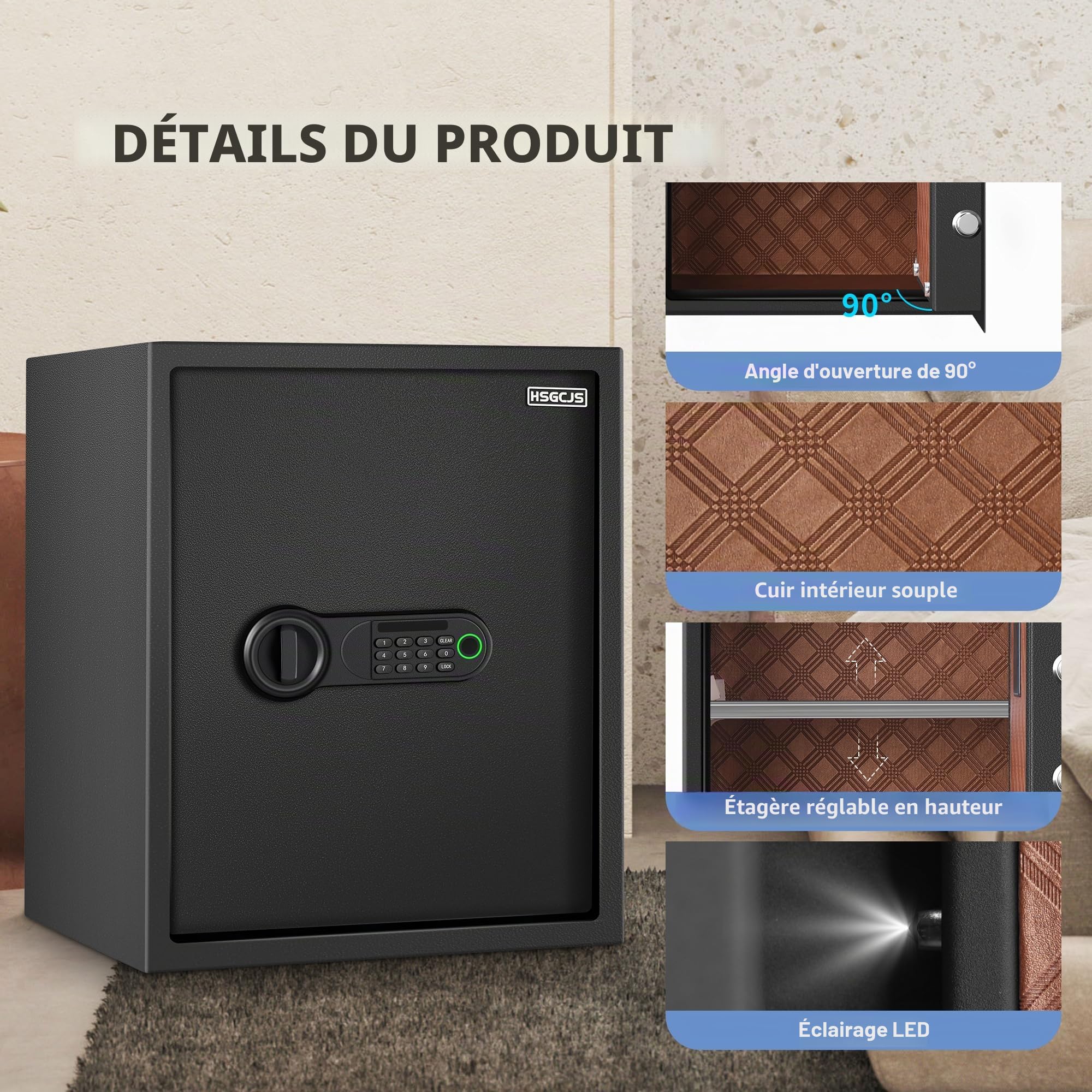HSGCJS Grand coffre-fort pour empreintes digitales – 0,5 m³, boîte biométrique à empreintes digitales avec clavier numérique, coffre-fort de sécurité avec lumière à induction et cuir, tirelire pour