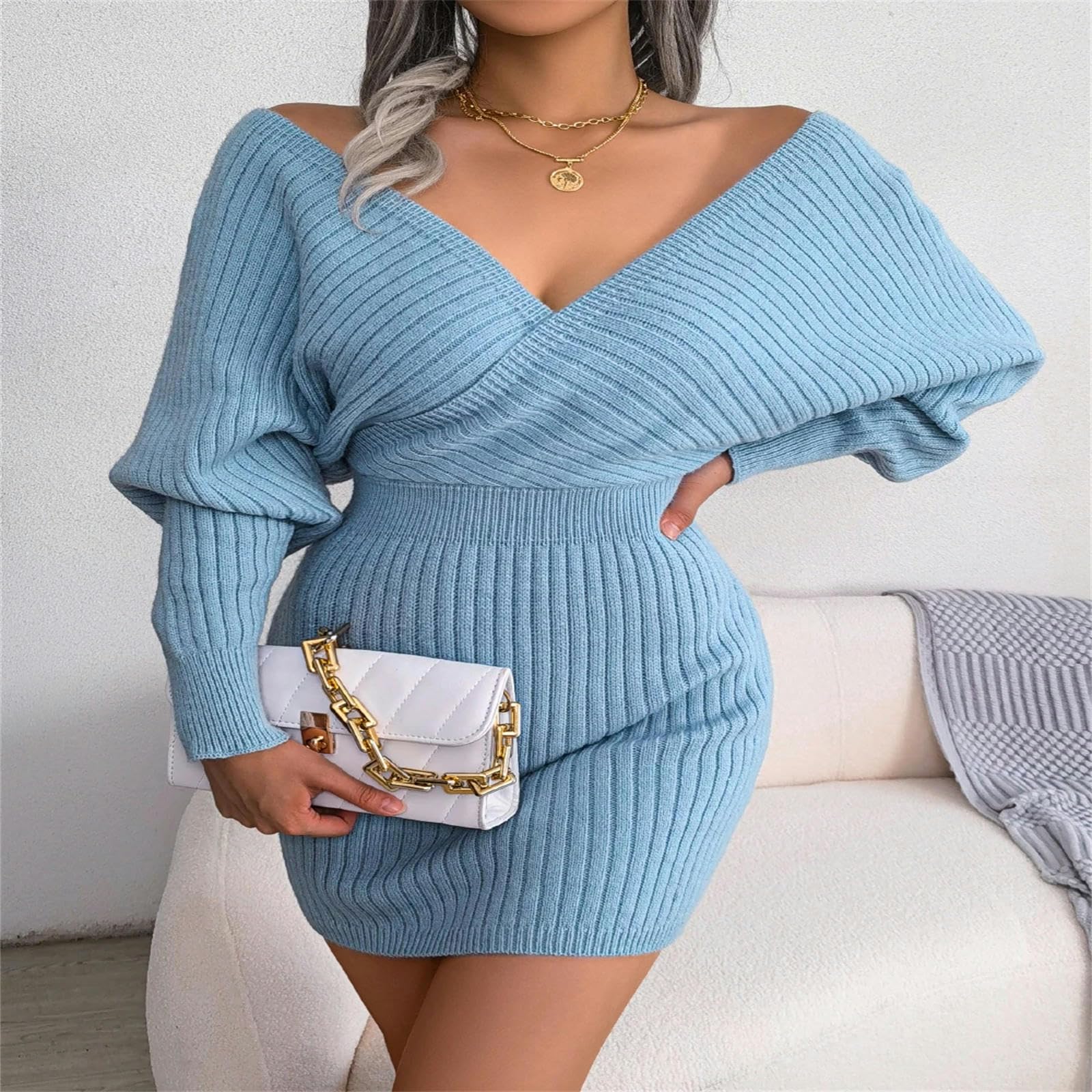 MdybF Damska sukienka jesienna, bodycon, swetrowa sukienka dla kobiet, na jesień, zimę, do noszenia na co dzień, z długim rękawem