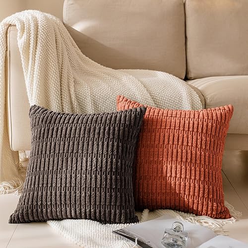 Miniatura 6 de Softalker Juego de 4 fundas de almohada de pana suave a rayas bohemias de 16 x 16 pulgadas, fundas decorativas modernas para sofá, dormitorio, sala