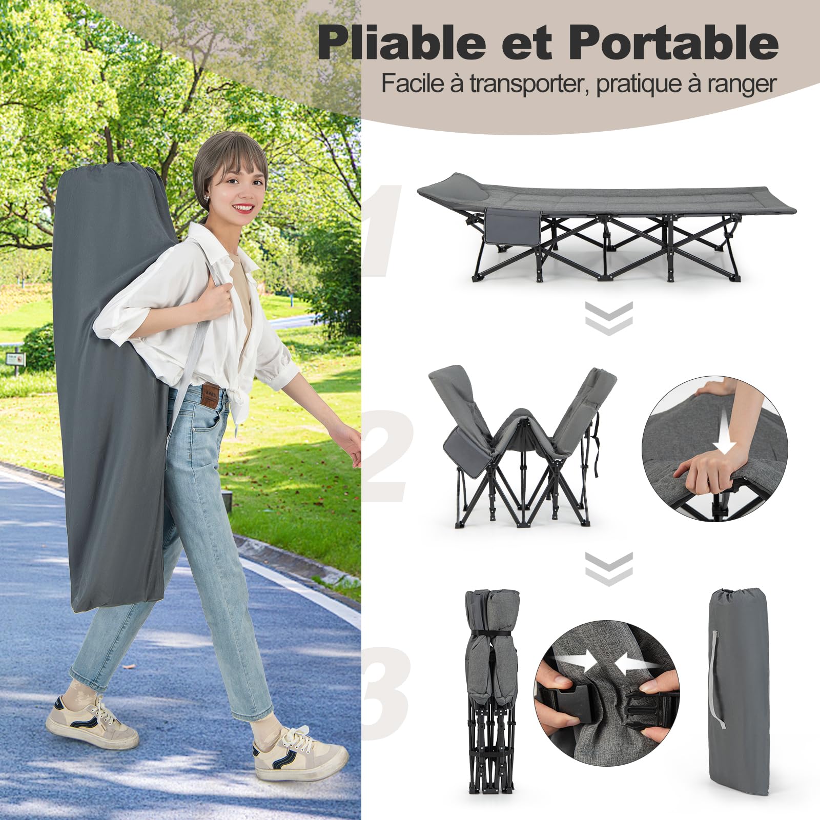 GOPLUS Lit de Camp, Lit de Camping Pliant avec 10 Pieds de Soutien et Sac de Transport, pour Voyage, Camping, Plage, Cadre Fort en Acier, 190X68,5X48,5CM, Charge 200KG (Gris)
