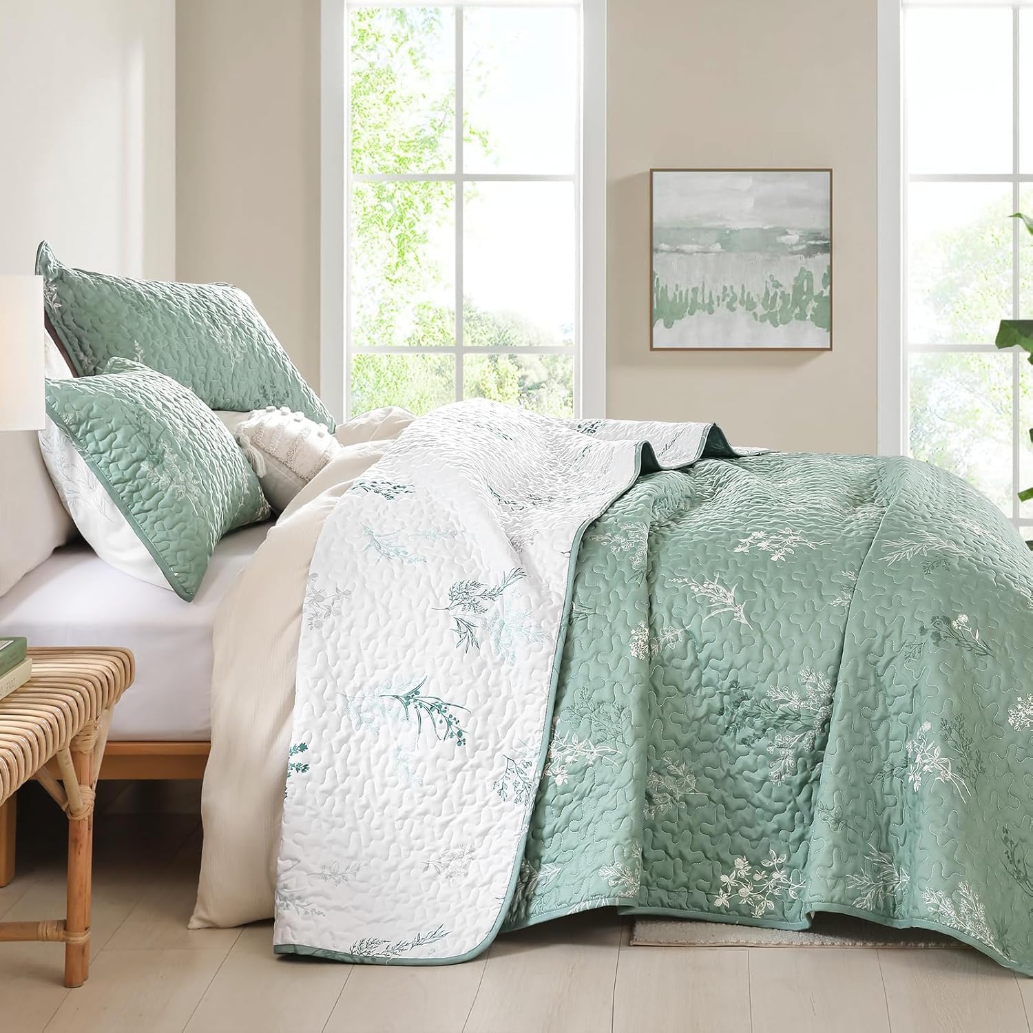 Drucon Sage Green Quilt Queen Size Reversible Botanical Floral Quilt Bedding Set 3 Piece Microfiber Lightweight Bedspreads with 2 Pillow Cases - Image 4