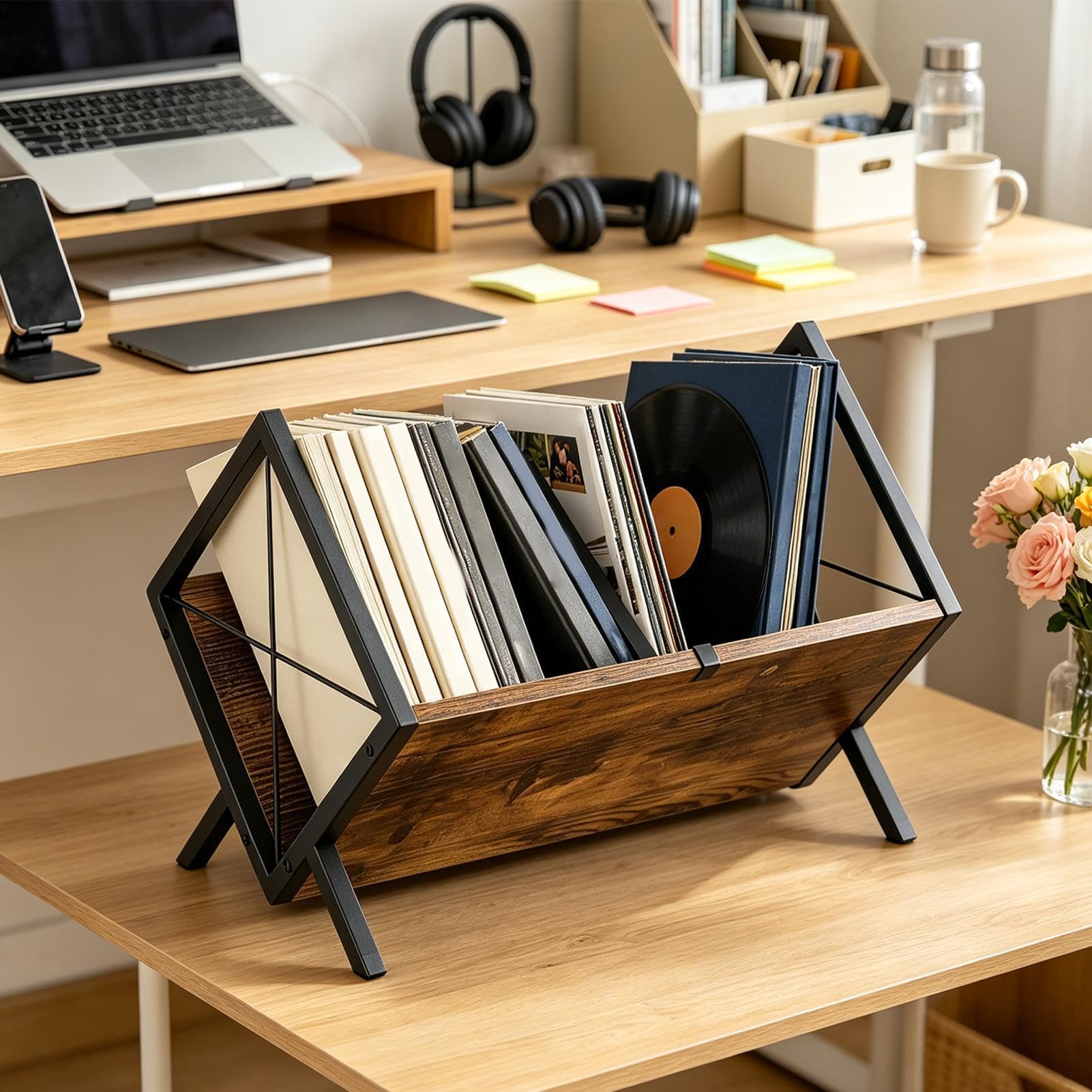 Porta Dischi In Vinile Marrone Spazioso Rustico Capacità 80 Dischi LP | Organizer Contenitore Portadischi con Divisori Per Camera da Studio Biblioteca Dormitorio Soggiorno