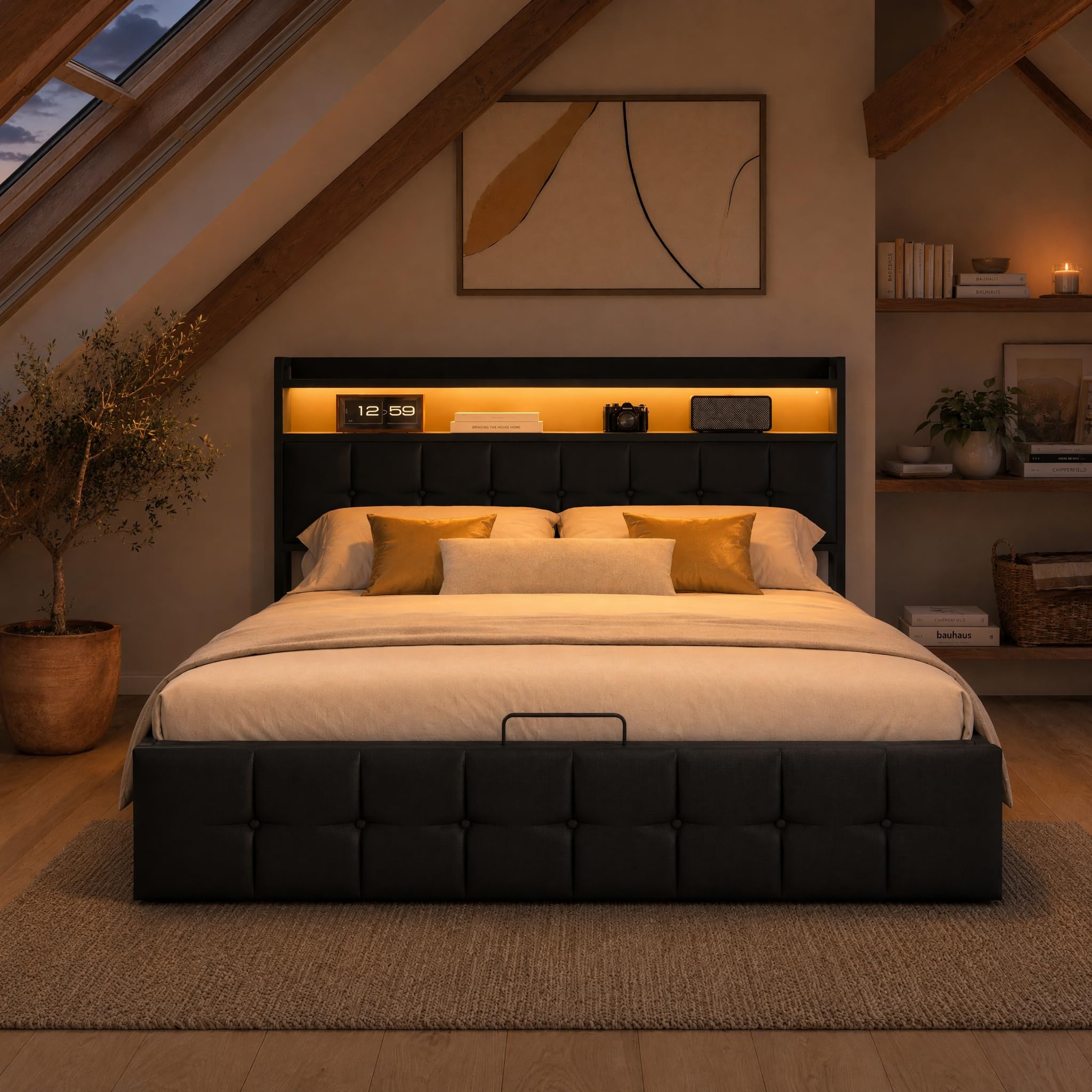 Cama de Matrimonio 140x200 con Almacenaje y Cabecero, Cama Doble Tapizada con LED y USB-C Camas Matrimoniales 140x200 con Hidráulica Almacenaje Marco de Cama matrimonial Tela de PU Negro, Sin Colchón