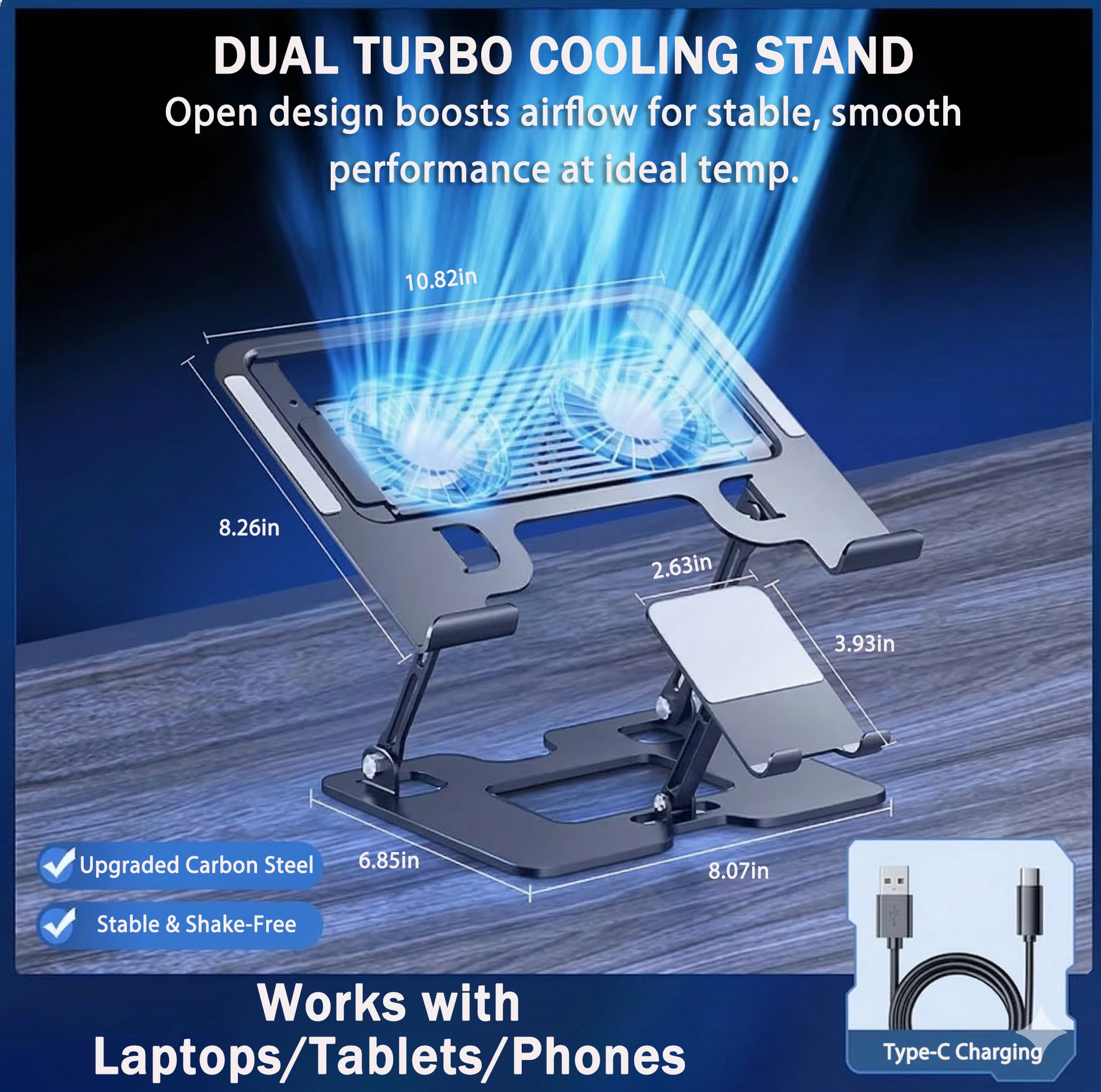 Supporto di raffreddamento 2 in 1 per laptop e telefono, con ventola silenziosa, altezza e angolo regolabili, in acciaio al carbonio, pieghevole, per computer portatili fino a 45,7 cm (nero)