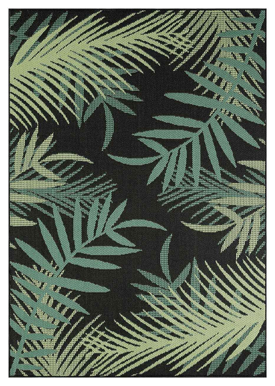 VIMODA Alfombra para interior y exterior para terrazas y balcones, diseño de palmeras, color negro, medidas: 140 x 200 cm