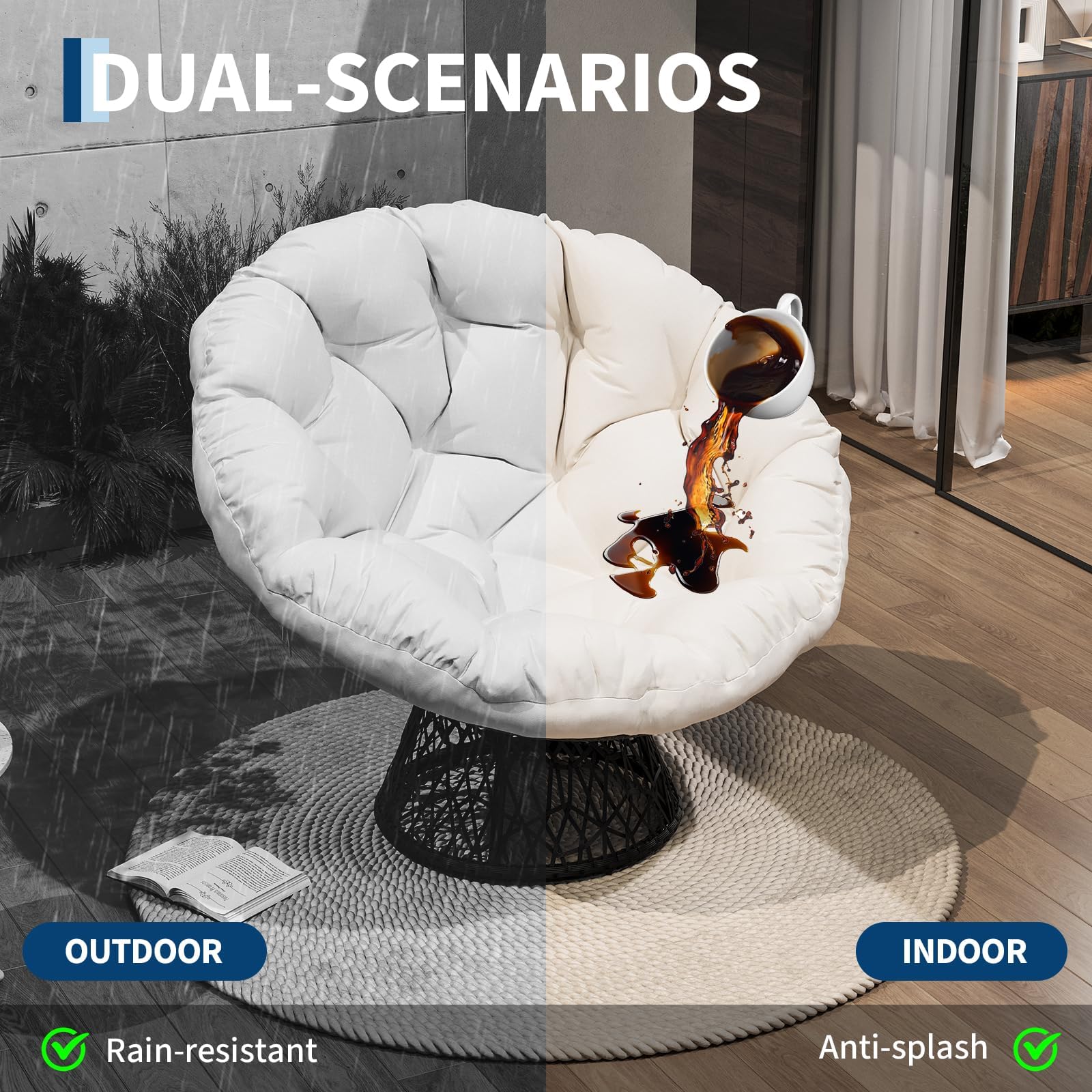 Fauteuil papasan Pivotant à 360° en Rotin,Fauteuil de jardin avec Coussin Épais,Imperméable,Charge 130kg,Intérieur & Extérieur,Chaise Relax Oeuf/Chauffeuse Pour salon,balcon,terrasse,jardin(Beige)