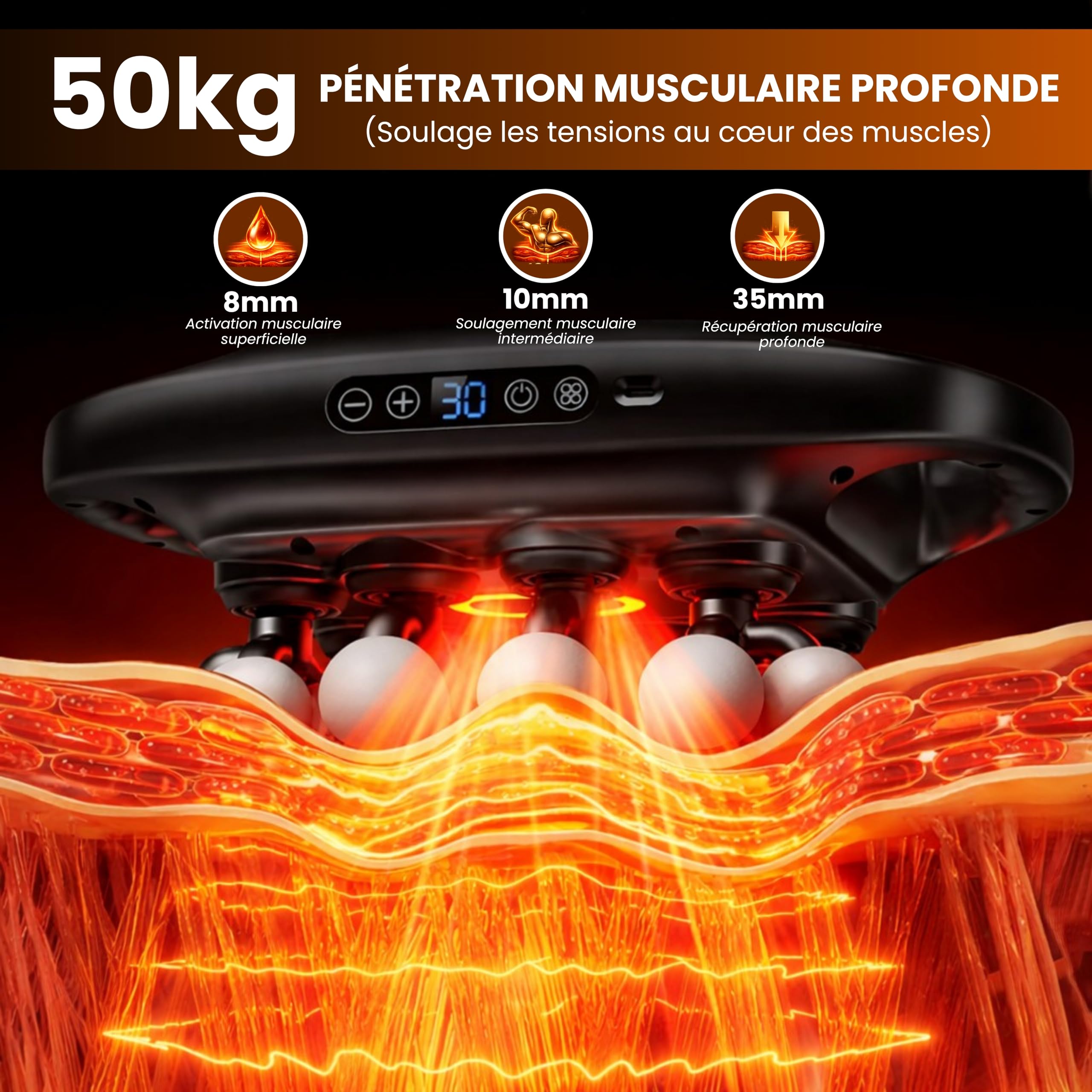 BeFit24 Pistolet de Massage Professionnel avec Chaleur & 16 Têtes, Massage Musculaire Profond Anti-Douleur, Récupération Musculaire Dos Cou Épaules Jambes, Sans Fil USB-C