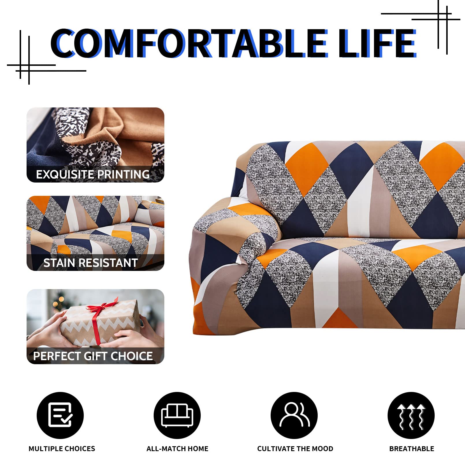 Lydevo Copridivano Elasticizzato 3 Posti Fodere Copri Divano con Braccioli con 2 Copricuscini Moderno Copridivano Fantasia Universale Antiscivolo Lavabile Divano Protector,Arancione Geometrico
