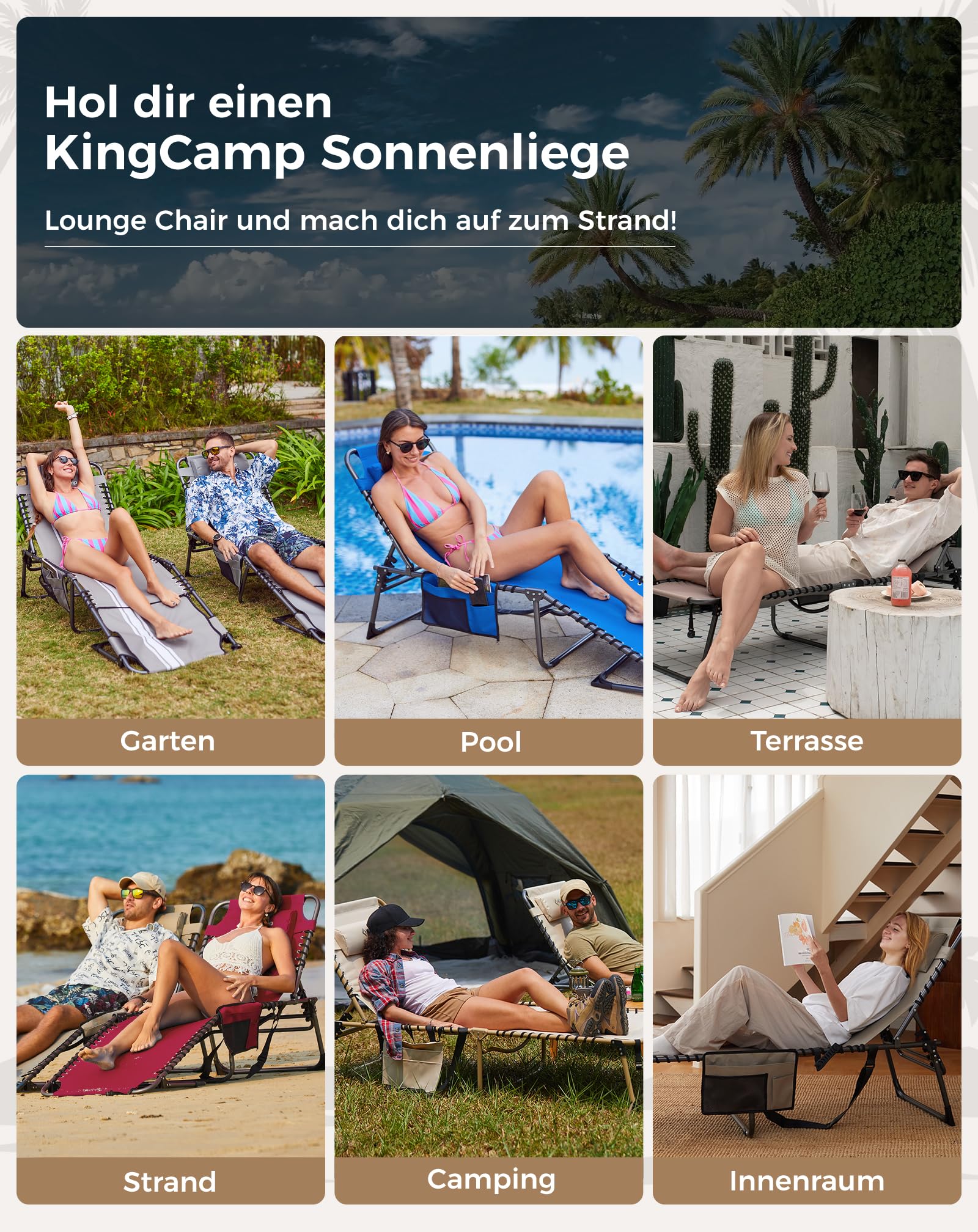 KingCamp Sonnenliege Klappbar 5-Verstellbarer Rückenlehne Gartenliege klappbar Liegestuhl Strandliege Campingliege Klappbett mit Kopfkissen für Strand Garten Terrasse Pool Camping Outdoor Indoor