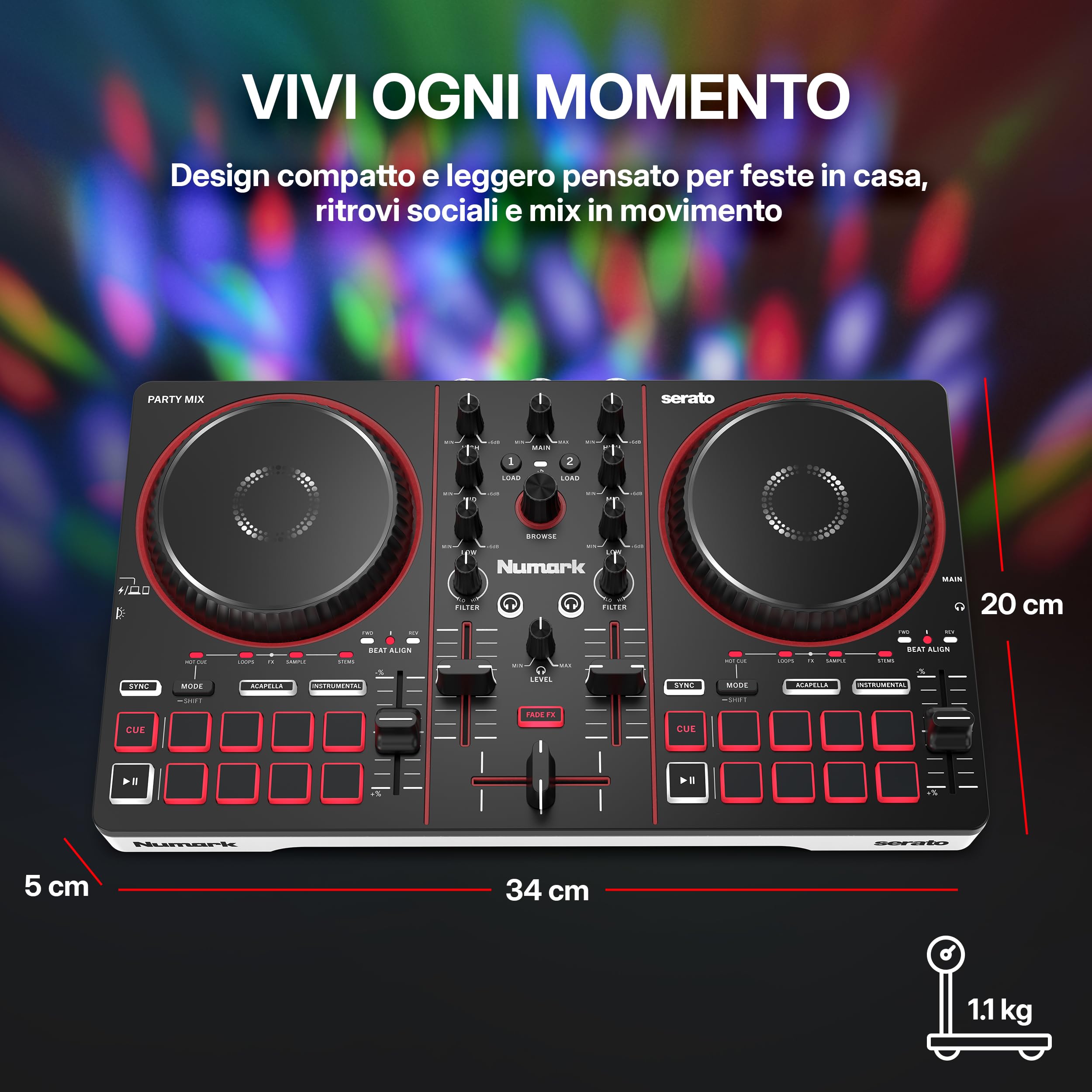Numark Party Mix III Controller DJ Bluetooth con Luci Integrate | Beat Assist, Smart Fader, 16 pad, mixer DJ 2 deck, controllo Stems, USB-C, Serato DJ Lite e Algoriddim djay inclusi