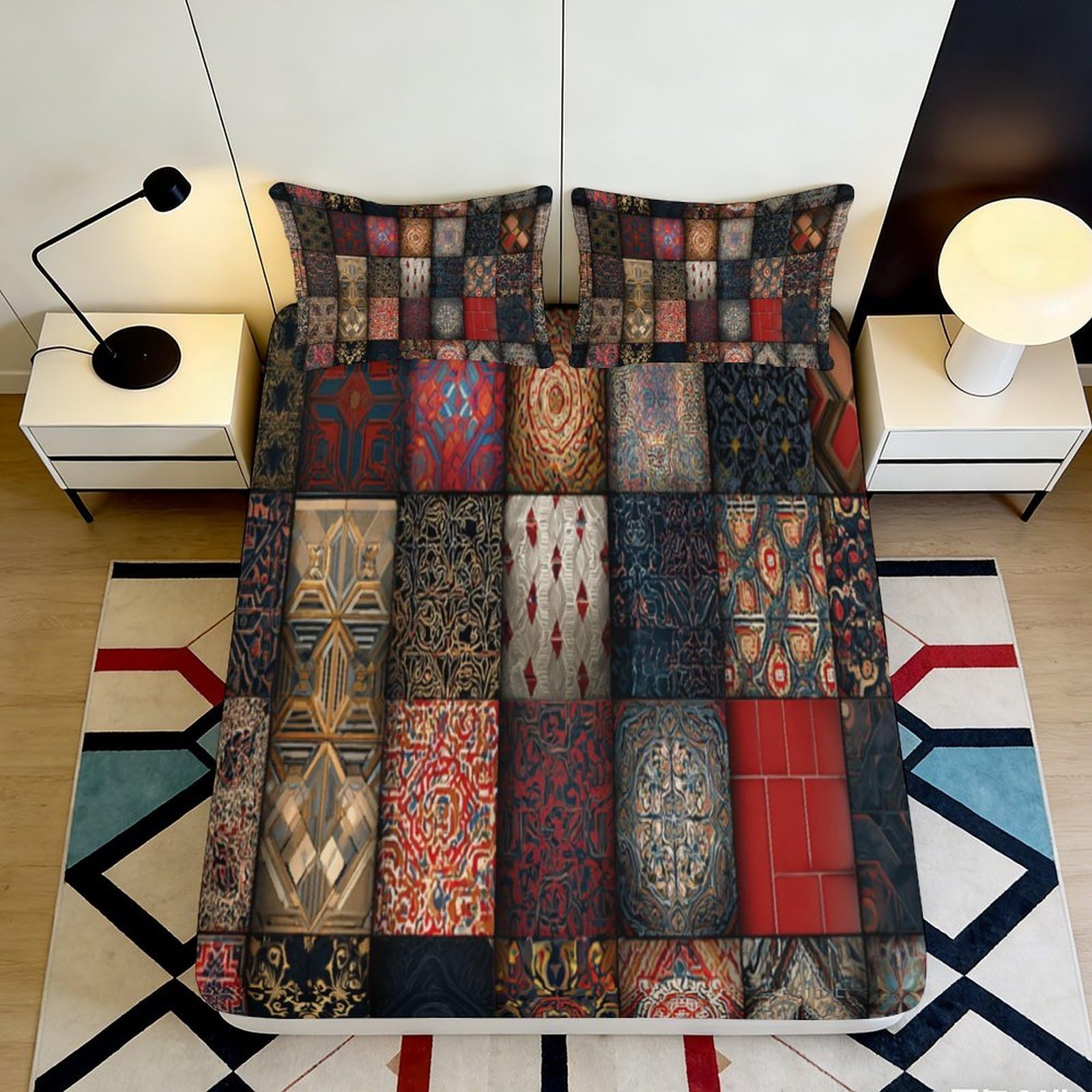 Pnayamiorkfel Style-4 3D Printed Vintage Patchwork Fitted Sheet Microfiber Soft Touch Ethnic Mosaic Mattress Cover For Bedroom Decor 90X200x25cm