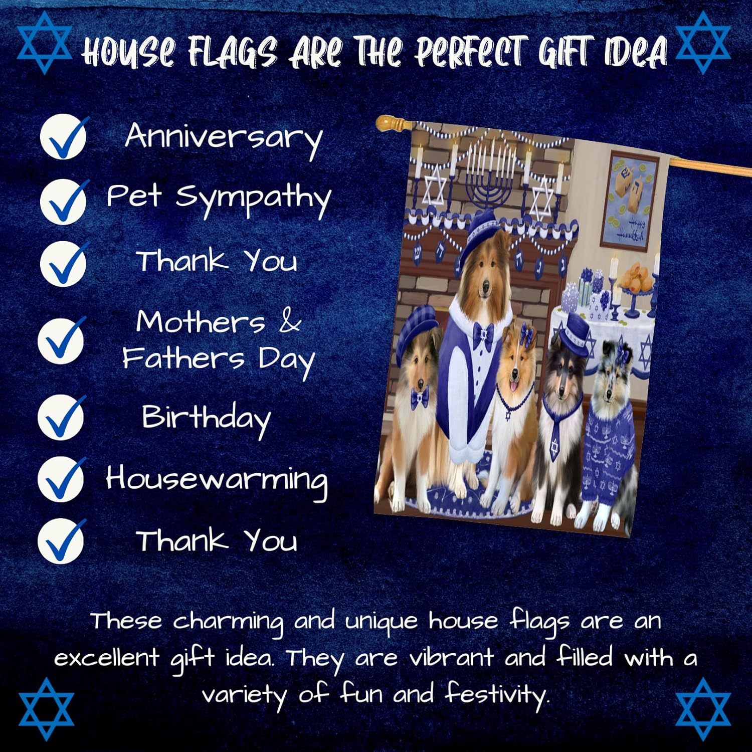 Hanukkah Family Rough Collie Dogs House Flag - Outdoor Double Sided Pet Portrait Weather Resistant Premium Quality Home Decorative Flags - 100% Polyester 29"w x 43"h