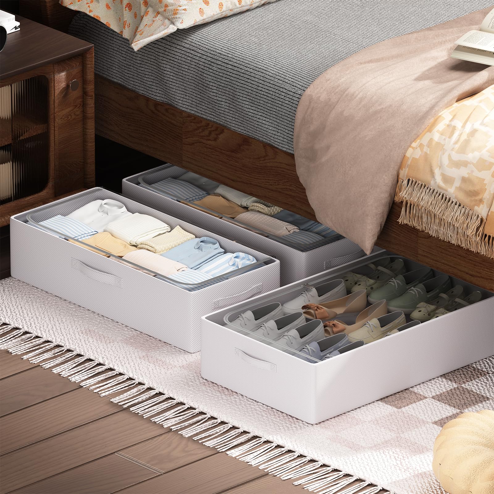 3 x Unterbett-Aufbewahrungsbehälter mit Metallrahmen – Schuh-Organizer für Schrank mit transparenter Abdeckung, Oxford-Gewebe, stabiler Unterbettbehälter, faltbar, stapelbar, Kleider-Organizer (Grau,