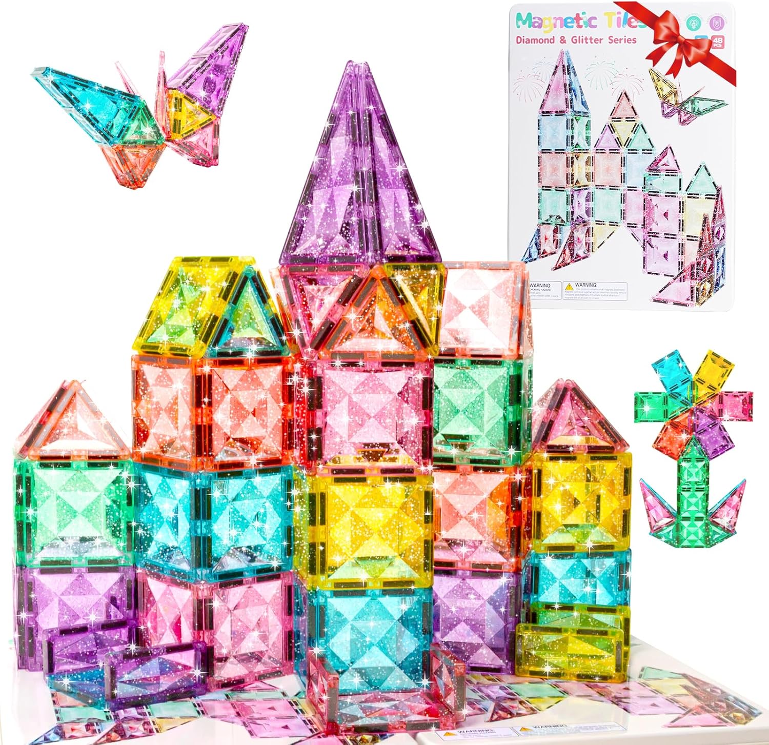Large Pastel Magnetic Tiles - 48 Pcs Macaron-Colored Glitter Magnetic Blocks with Travel Metal Storage Box - Diamond STEM Toys for Girls Ages 3-8 - Portable Sensory Building Set for Kids