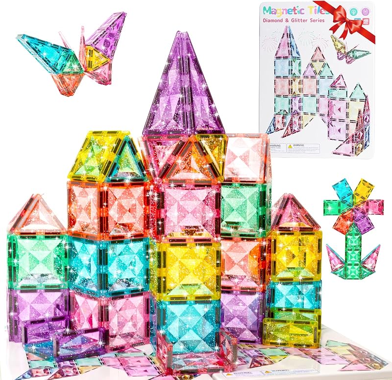 WMXDU Large Pastel Magnetic Tiles: Glitter Diamond Castle Building Set | 48-Piece Glitter Tiles for Girls Ages 3-8, Large Size Safe for Little Hands. Metal Box Stores & Doubles as Base