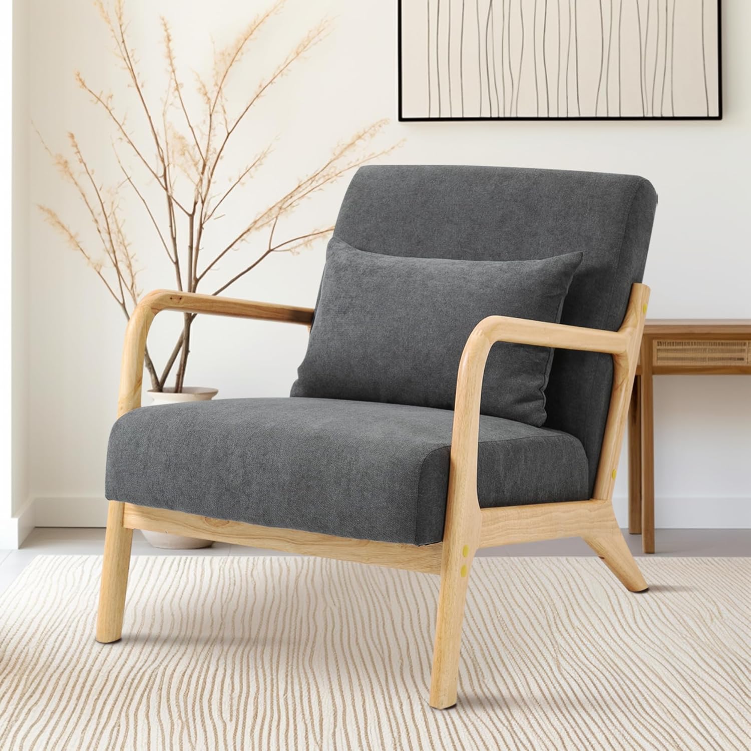 Dolonm Modern Accent Chair with Wood Frame, Upholstered Chair with Waist Cushion, Velvet Armchair for Living Room, Bedroom, Game Room, Home Office or Lounge, Gray Gary