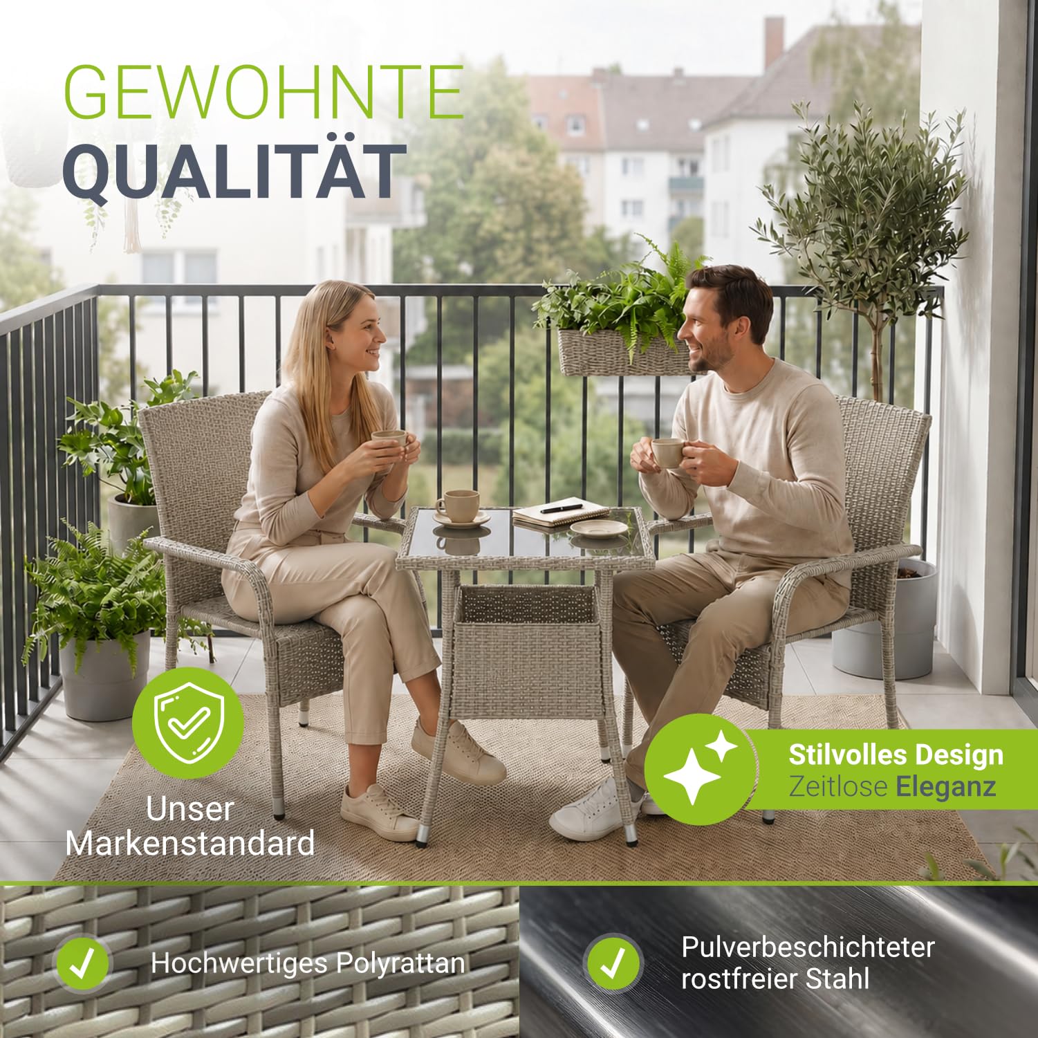 Juskys Polyrattan Gartentisch Yoro wetterfest - Balkontisch 60x60 cm eckig - Rattan Beistelltisch mit Glasplatte - Kleiner Tisch für Balkon - Grau
