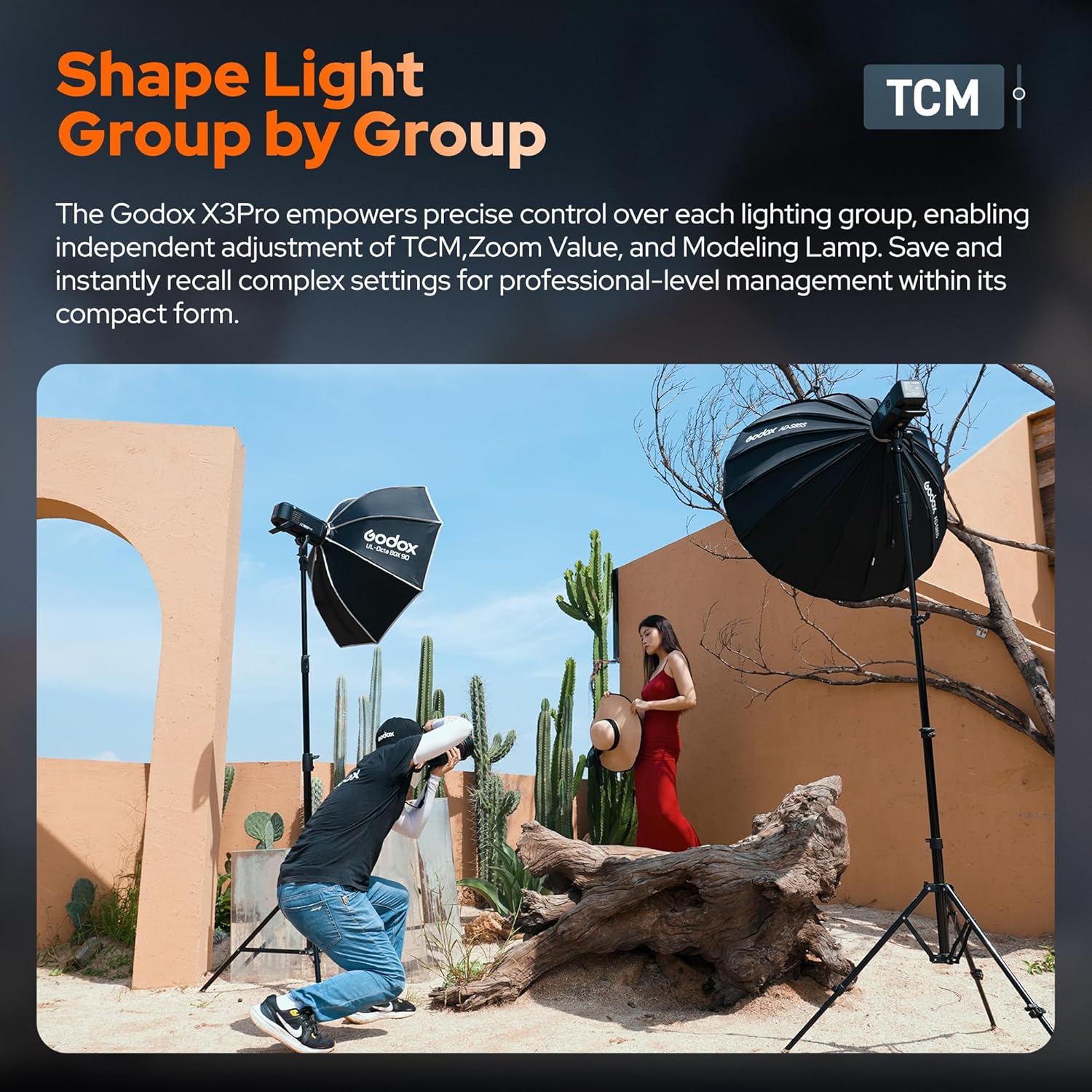 Godox X3 Pro N connected via Bluetooth to a smartphone app for remote flash control.