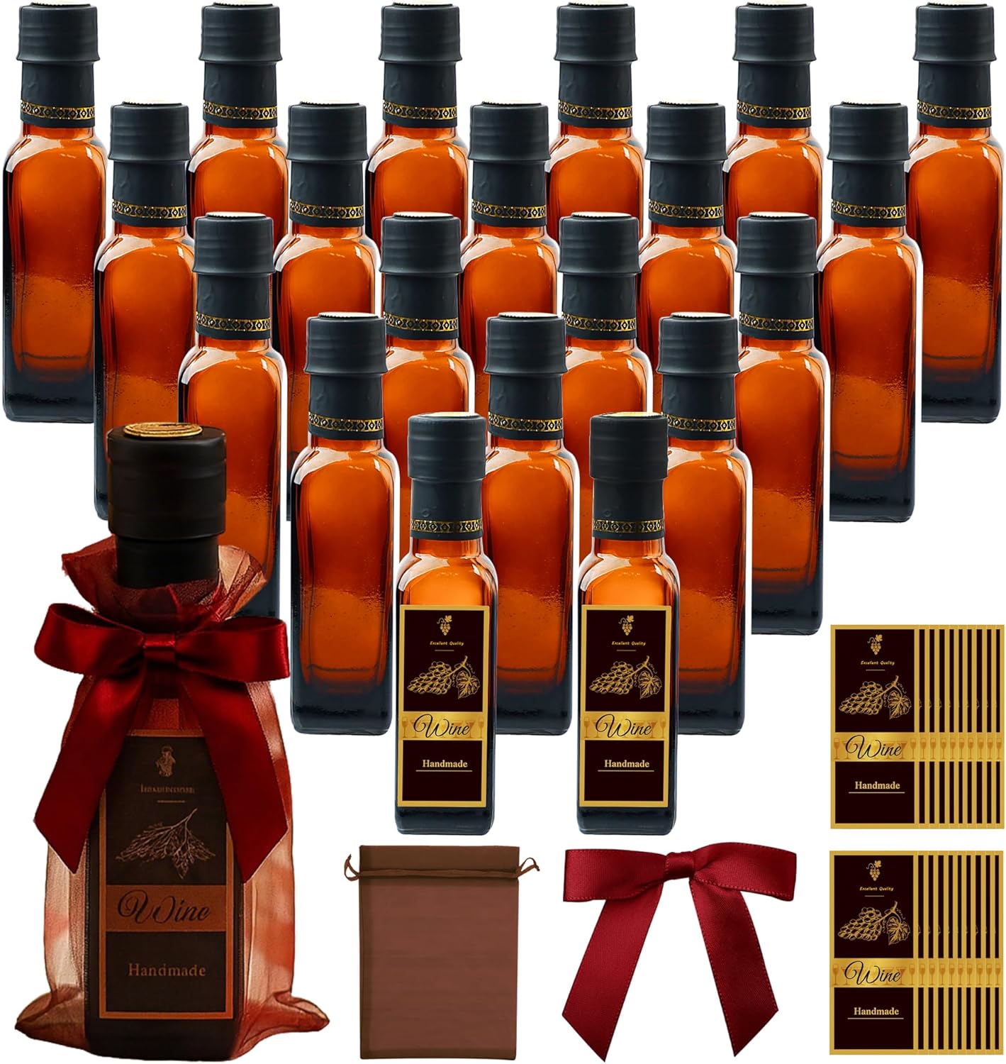 20 Pack 4oz Mini Brown Glass Wine Bottles with Gift Bags, Labels & Bows – Leakproof Containers for Homemade Wine, Infused Drinks, Wedding Favors & DIY Gifts