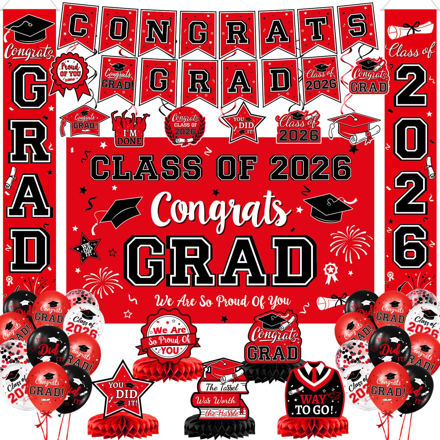 2026 Graduation Decorations, Red and Black Graduation Decorations Set with Congrats Grad Banner & Backdrop, Porch Sign, Hanging Swirls, Balloons,