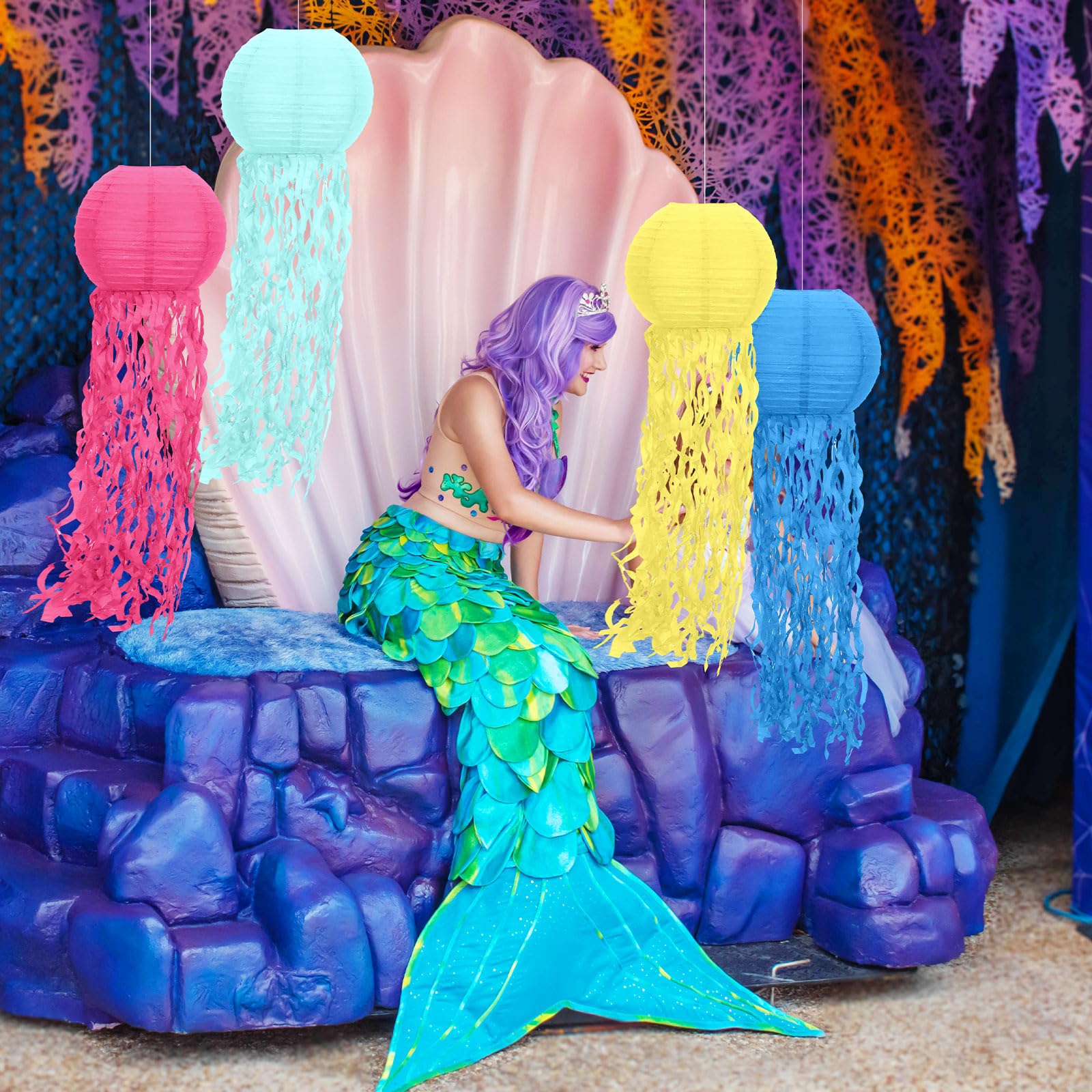 Retisee 12 Pcs Hanging Jellyfish Paper Lanterns Under The Sea Ocean Party Decorations Jelly Fish Decor for Mermaid Beach Theme Birthday Party Baby Shower Baby Classroom, Multicolor(Bright Color)