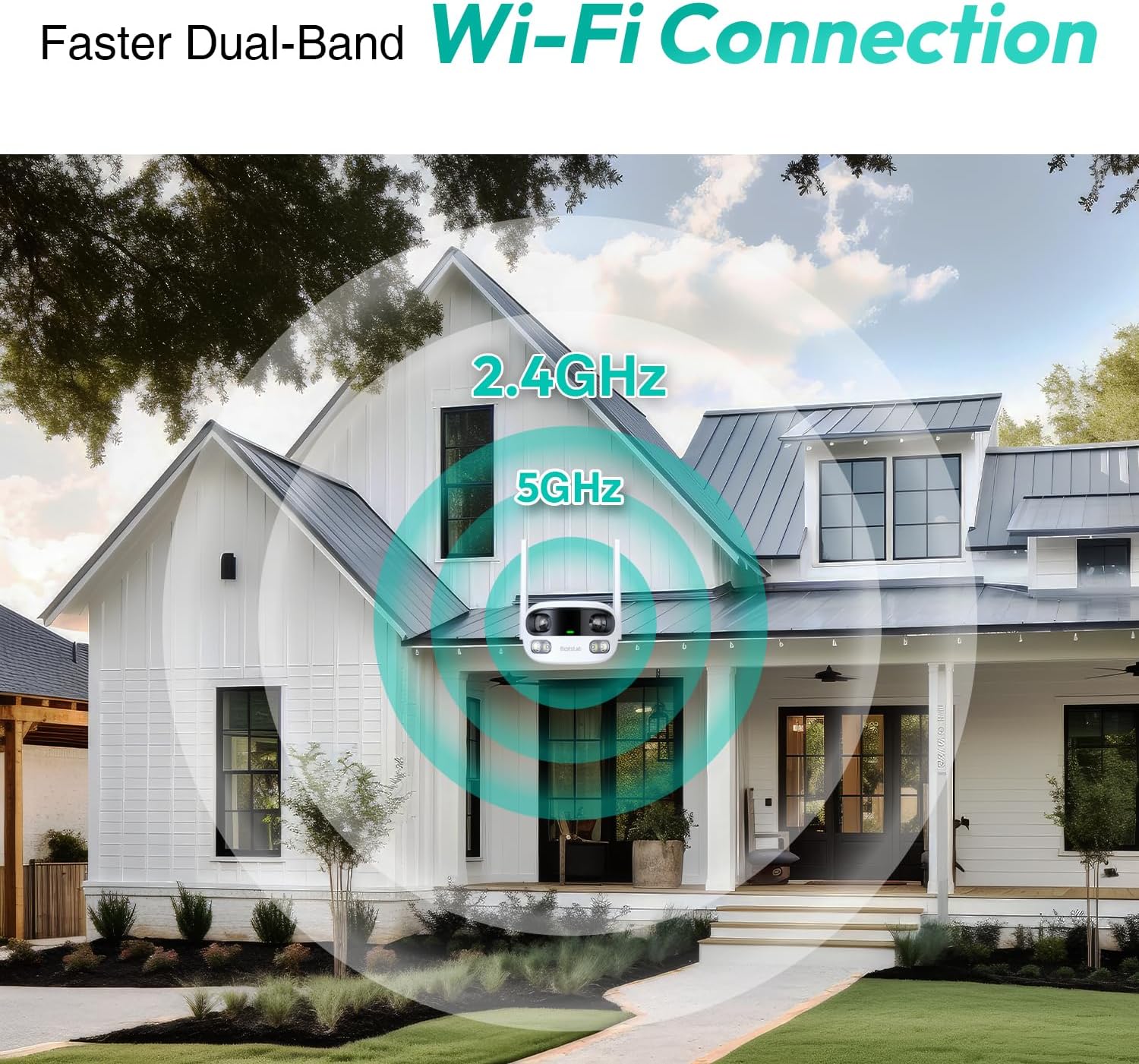 Image showing a house with Wi-Fi signals indicating 2.4GHz and 5GHz dual-band connectivity for the camera.