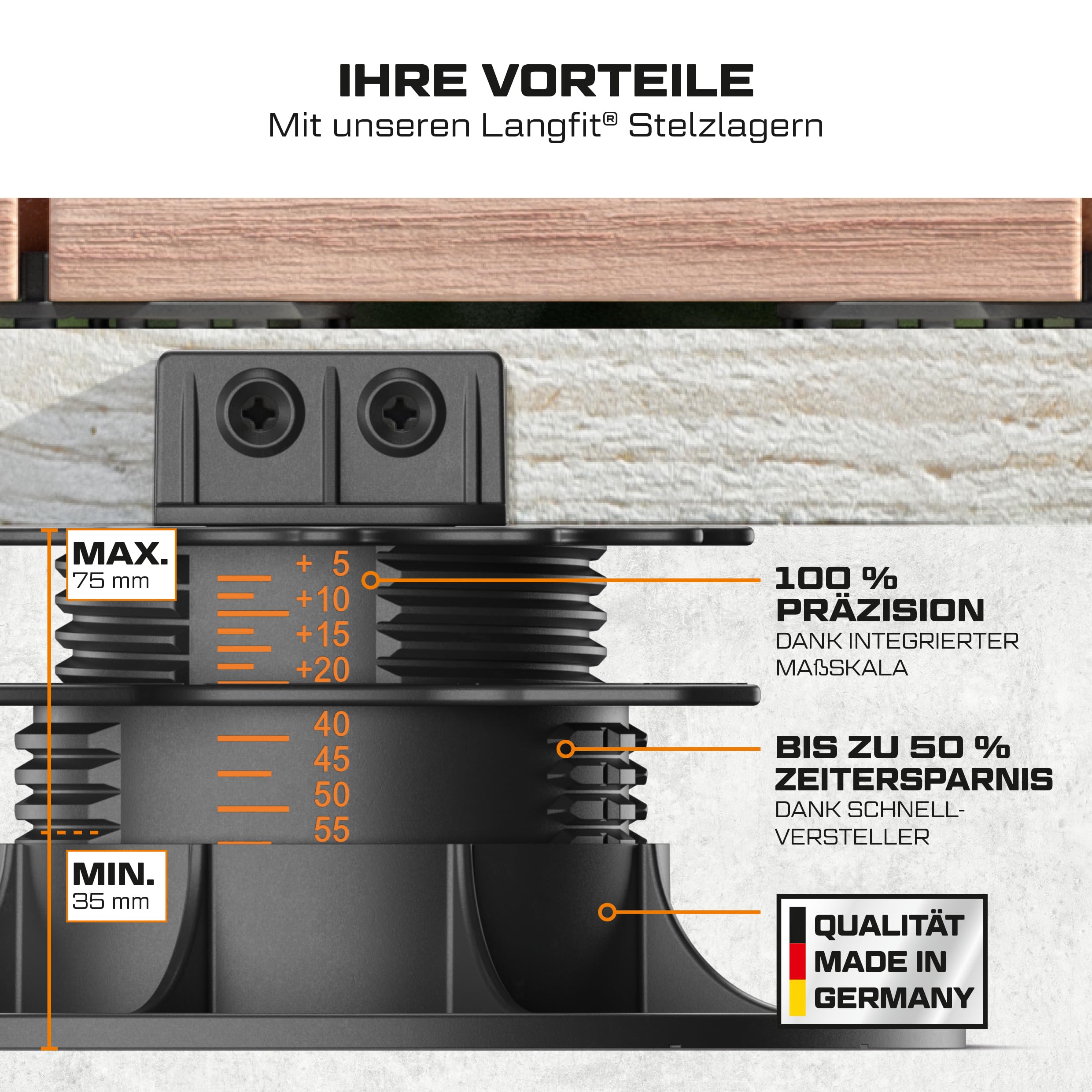 10x LANGFIT® Stelzlager "L" für Terrassendielen – Bis 50% schneller montiert – Mit Maßskala – Stufenlos höhenverstellbar von 35-75mm – Für Unterkonstruktionen aus Holz, WPC, Alu – Made in Germany