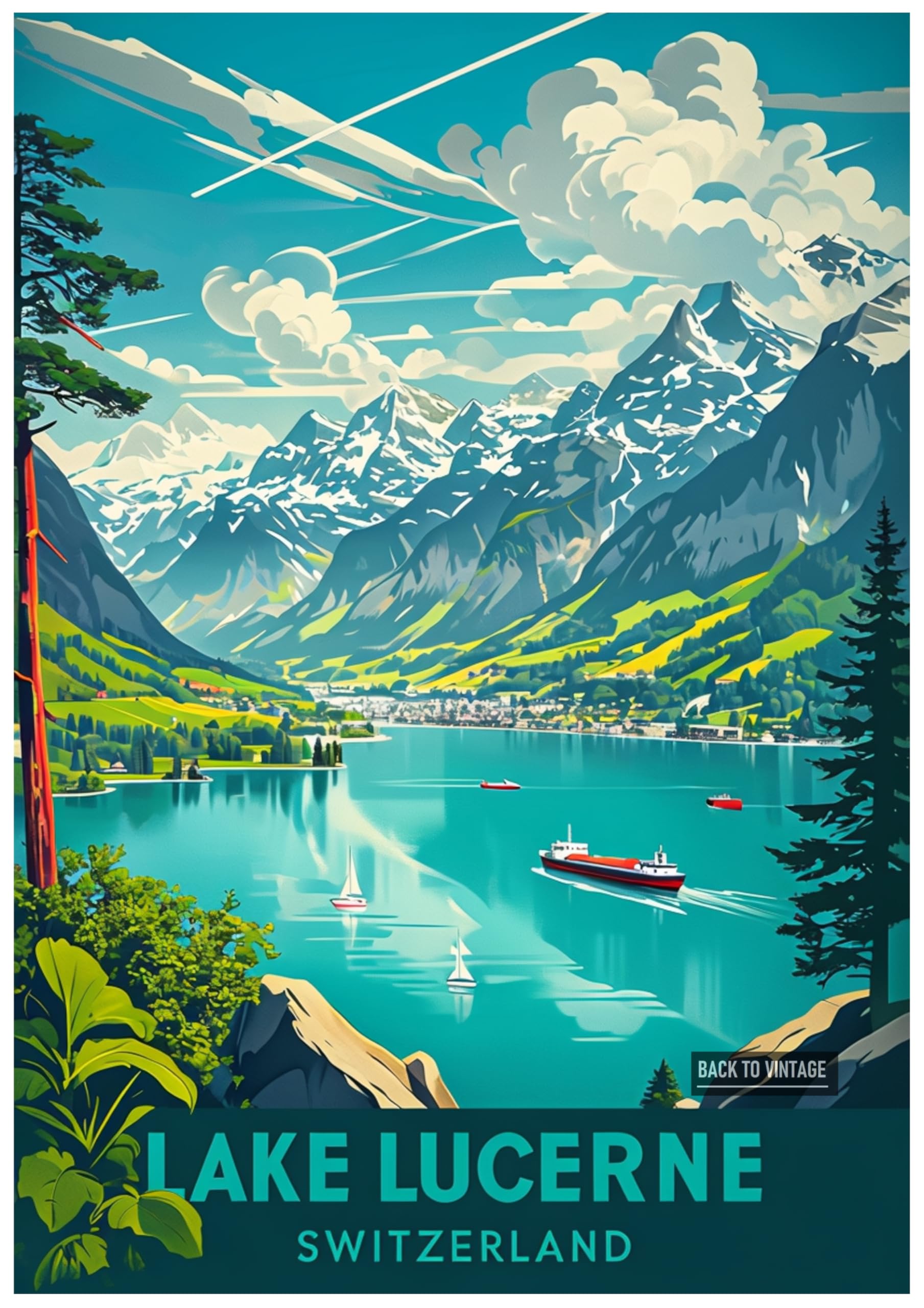 Back To Vintage Multicoloured Vibrant Digital Illustration Of Lake Lucerne In Switzerland - Retro Europe Travel Poster A4 Size Vintage Wall Art Print Of Famous European Destinations Ideal For Home Or Office Decor