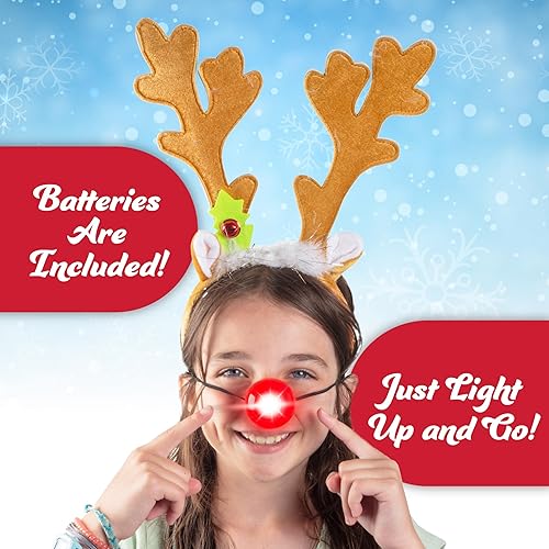 Miniatura 4 de Christmas Holiday Reindeer Antlers Headband w Light Up Nose Costume Deer Rudolph Outfit for Adult Men Women, Kids Party Favor