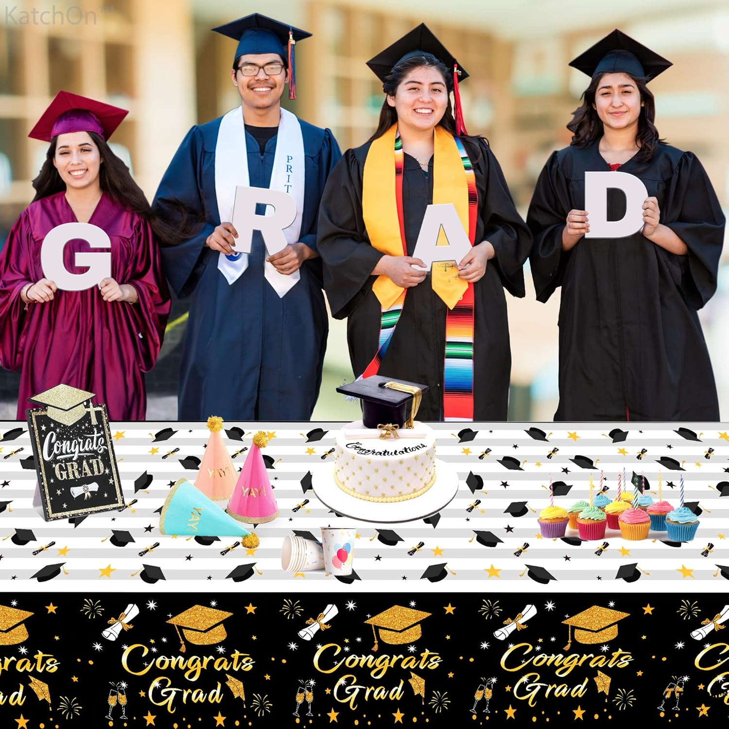 KatchOn, Black and White Graduation Tablecloths - 108x54 Inch, Pack of 3 with Graduation Plates and Napkins 2023 - Pack of 100, Serves 25 | Graduation Party Supplies 2023 Grad Plates and Napkins