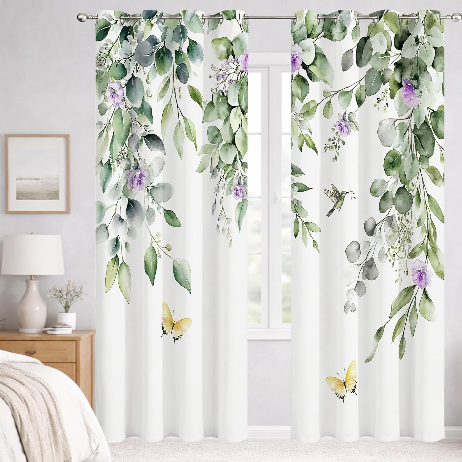Spring Purple Floral Curtains for Living Room, Green Leaves and Butterfly Bird on White Room Darkening Curtains Flower Plant Window Curtain Panels for Bedroom, 42 X 84 inch