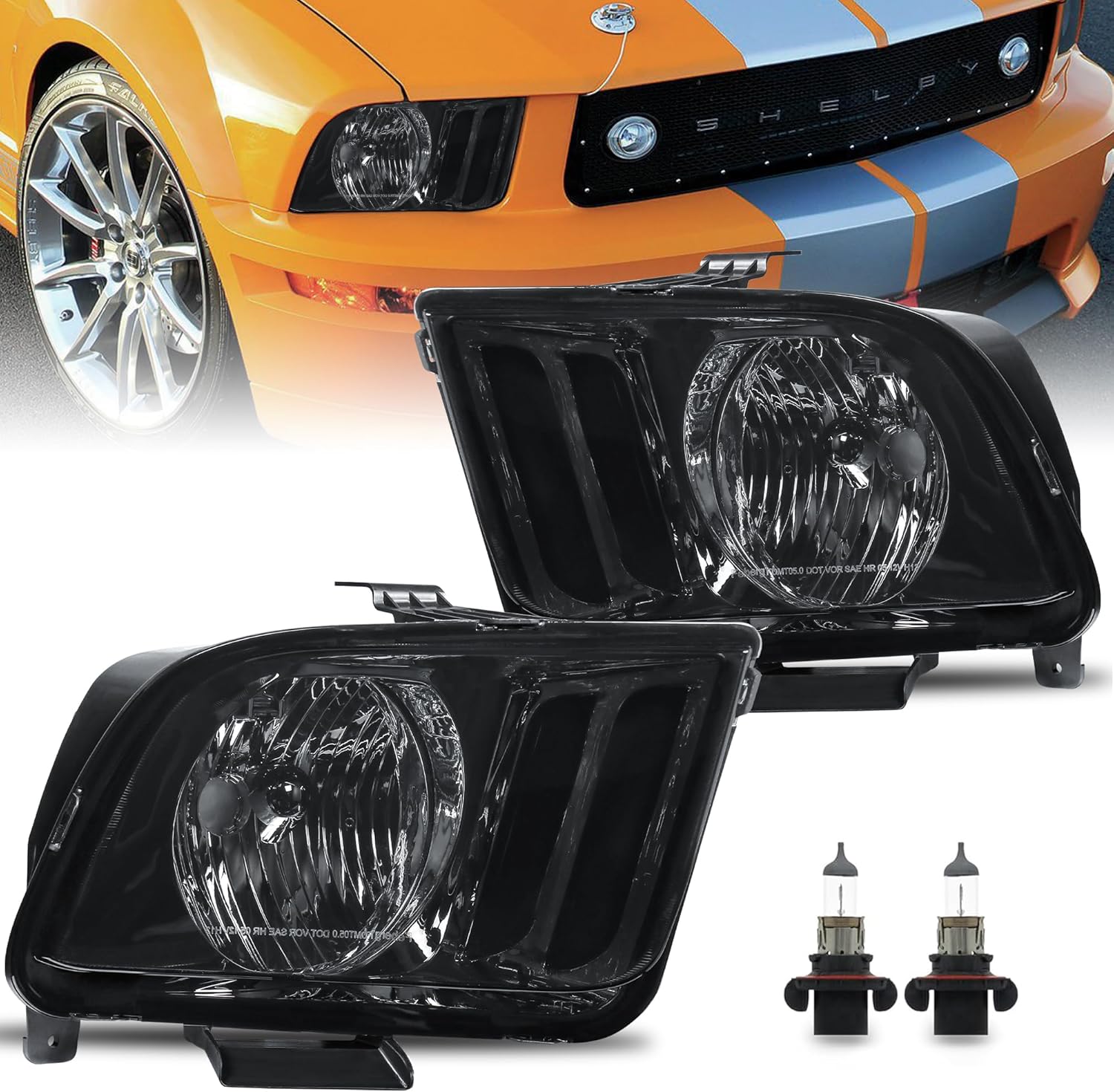 Headlights Assembly Compatible for 2005-2009 Ford Mustang w/Black Housing Clear Lens Bulbs Included Driver and Passenger Side
