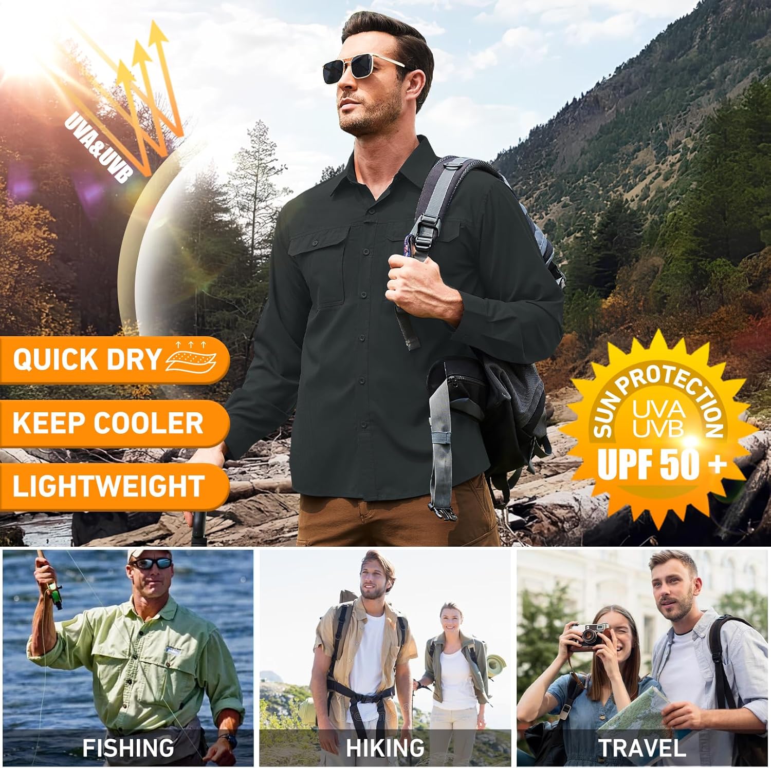 Men's Safari Hiking UPF 50+ UV Long Sleeve Button Work Shirt Lightweight Quick Dry Sun Protection Fishing Shirts