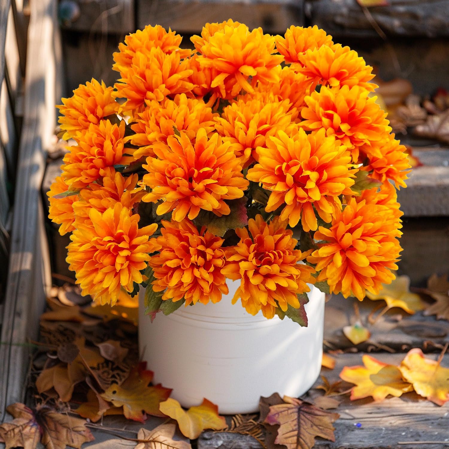 Fake Mums Flowers, 5 Pack 25 Heads Artificial Chrysanthemums Silk Fall Flower for Autumn Wedding Table Centerpieces Front Porch Halloween Diwali Cemetery Indoor Outdoor Decor (Orange)