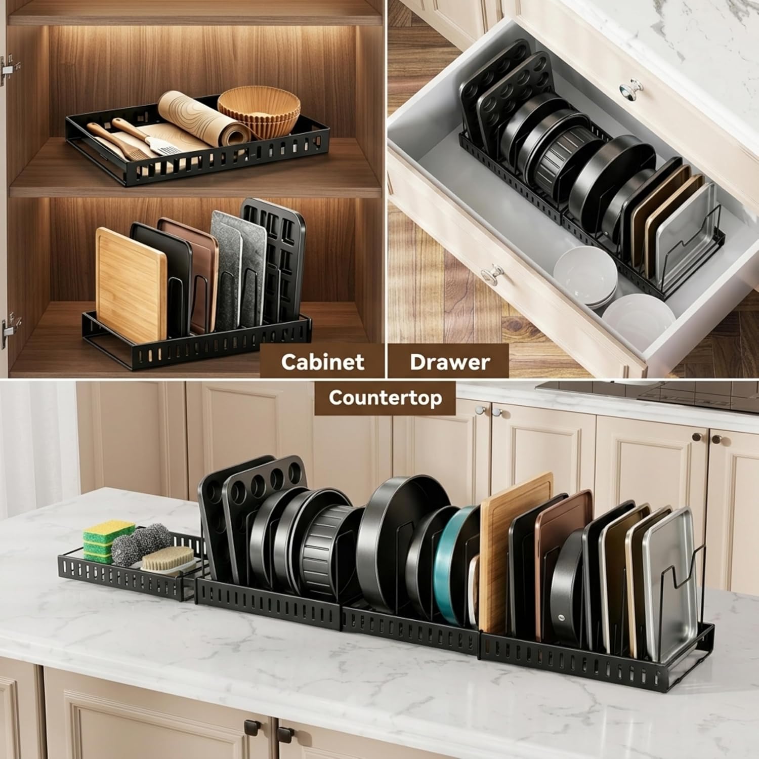 Bakeware & Cutting Board Organizer, 4 Pack Pan Lid Rack for Cabinet