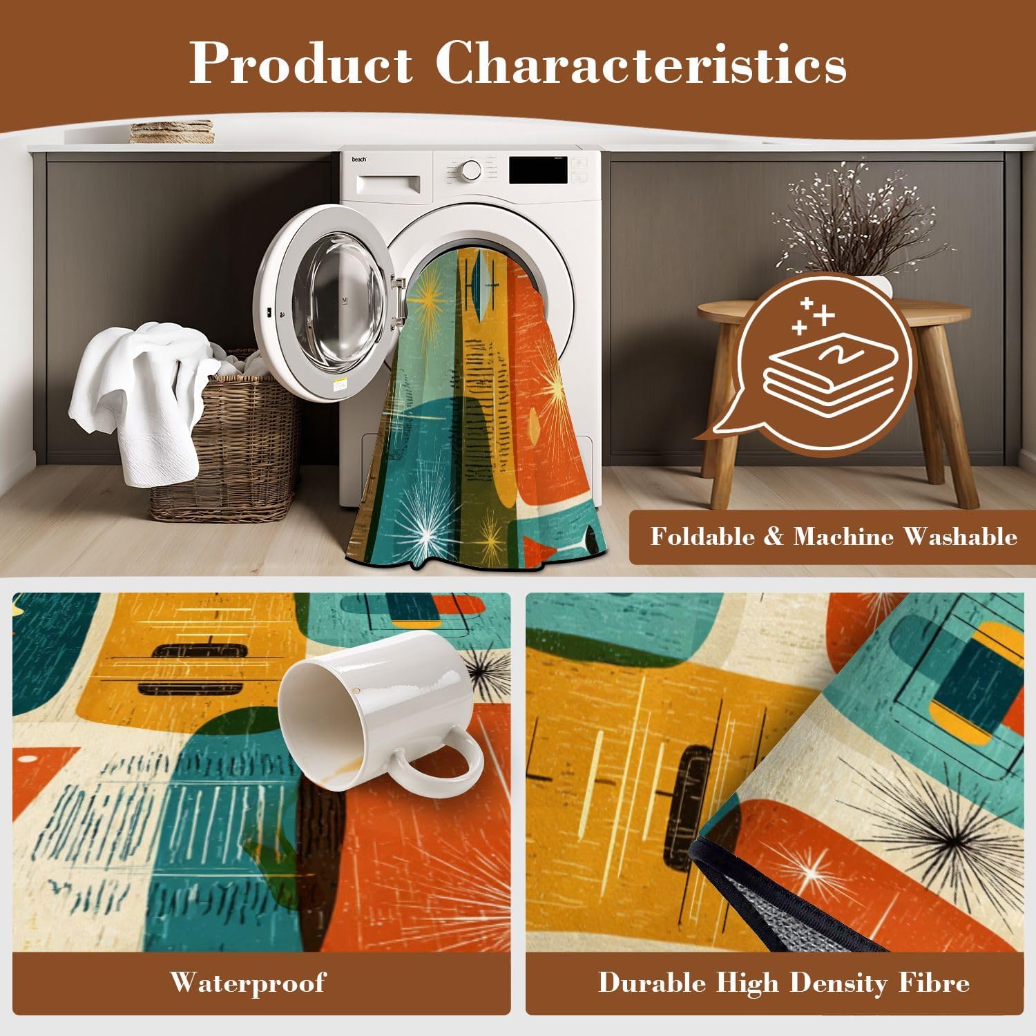 Large Washable 6x9 Living Room Area Rug, Retro Atomic Futurism Seamless Mid Century Modern Art Non-Slip Backing Carpet for Bedroom Dining Table Rug Soft Rug for High Traffic Area