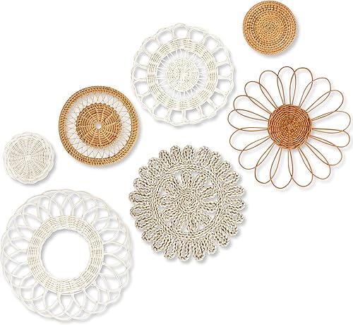 IWALYA Juego de decoración de pared bohemio - 7 piezas de decoración de pared de ratán plano - Crea tu propia decoración bohemia de habitación o