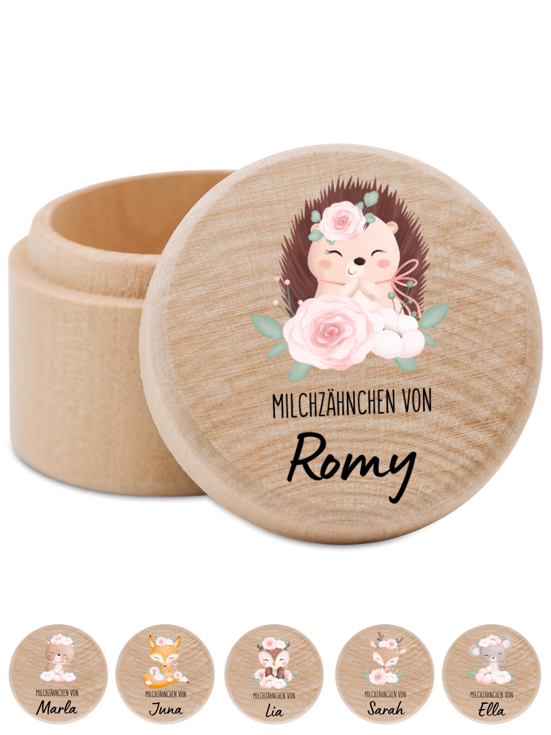 Bärenfreunde - Milchzahndose personalisiert aus Holz mit kinderfreundlichem UV-Druck - Zahndose Milchzähne als Erinnerung an die ersten Zähnchen (Igel Blumen)