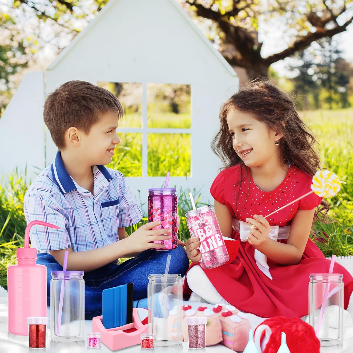 33 Pcs Valentine's Day Globe Tumbler Supplies-16 oz Plastic Snowglobe Cups Squeeze Bottle Bent Spout Syringe Tweezers Funnels Powder Scraper Cup Holder Stickers for Glitter Snow Globe DIY - Image 8