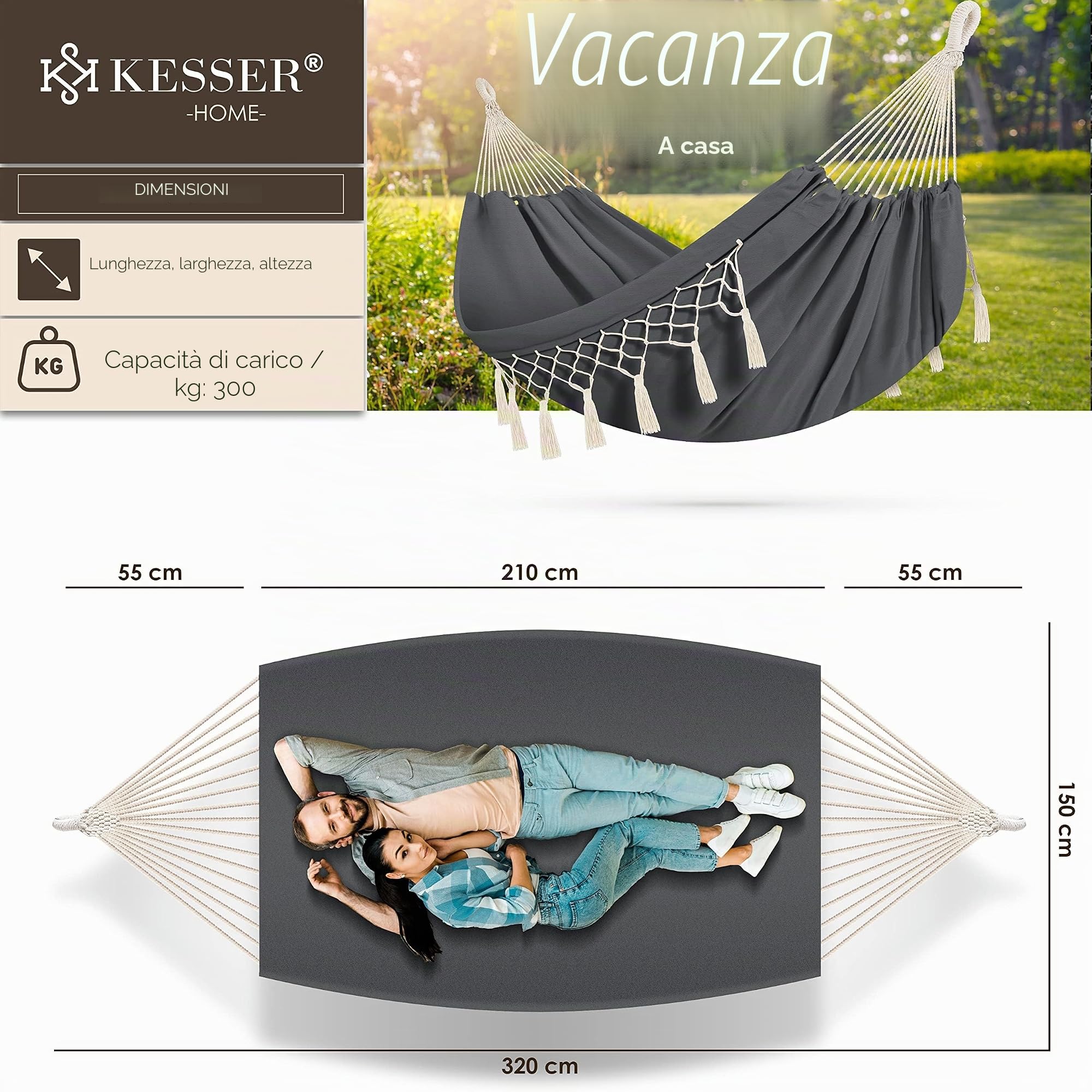 KESSER® Amaca capacità di carico 300 kg 320x150 cm capacità di carico max 300 kg, 1-2 persone, traspirante, resistente alle intemperie, ideale per campeggio giardino, amaca in tessuto, antracite