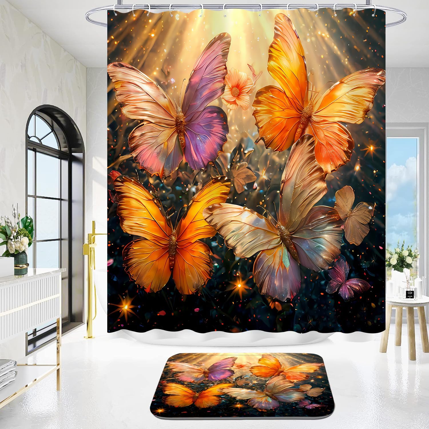 DDQQ 4Pcs Gold Butterfly Shower Curtain Set Gorgeous Butterfly Bathroom Sets Modern Shower Curtain with 12 Hooks Bathroom Decor with Rugs Bath Accessories with Mats Toilet Lid Cover thumbnail