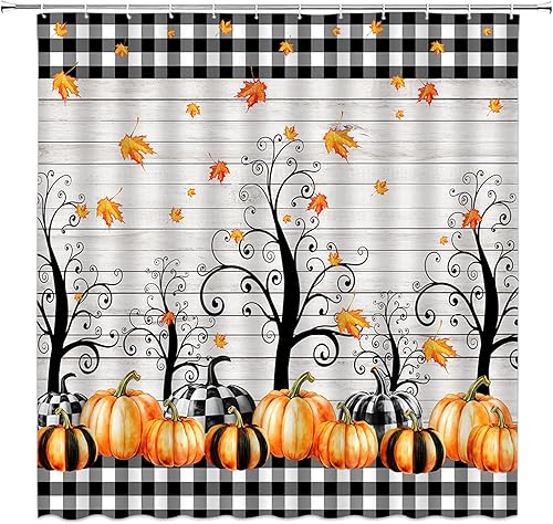 Cortina de ducha de calabaza de otoño, hojas de arce rústicas, color negro y blanco, a cuadros, tela rústica, para el hogar, baño, juego de
