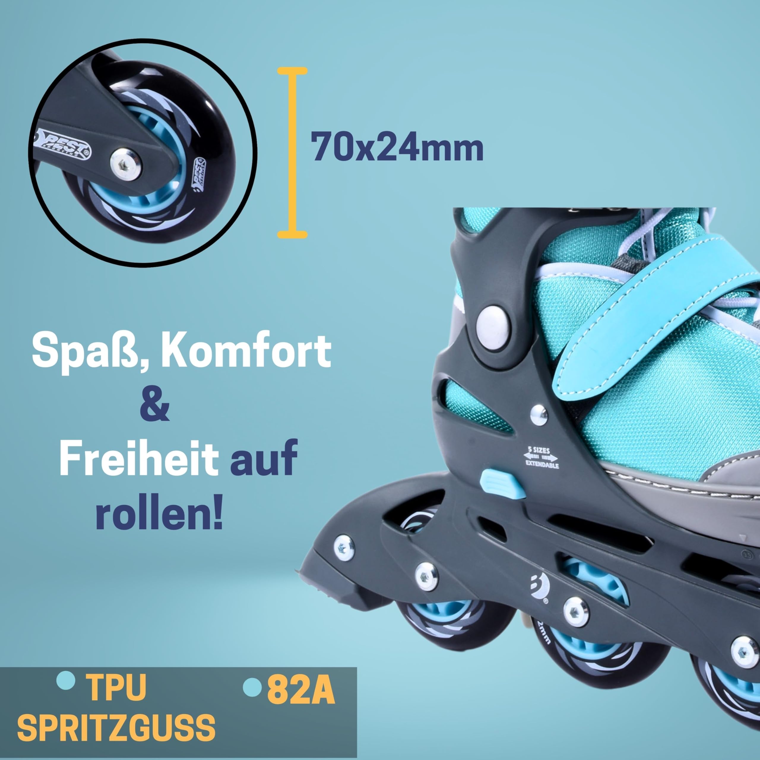 Best Sporting Inliner für Kinder 5-Fach größenverstellbar in blau I Inline Skates Kinder I robuste und hochwertige Kinder Inliner mit Bremse I Inliner Kinder mit 4 Rollen I Inliner Damen