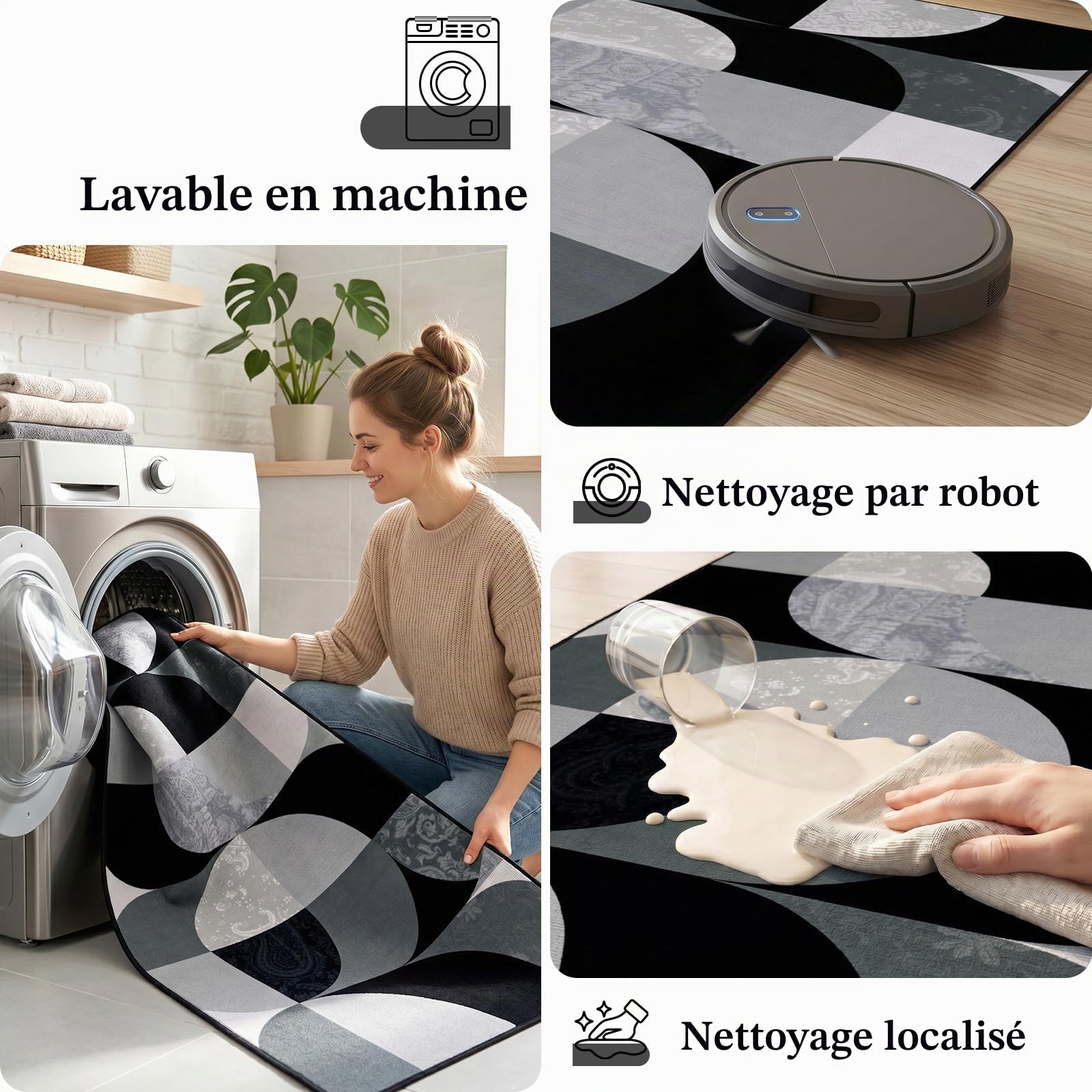 Tapis de couloir bohème à poils courts et doux, lavable, pour couloir, buanderie, entrée, salle de bain, 60 x 180 cm, noir